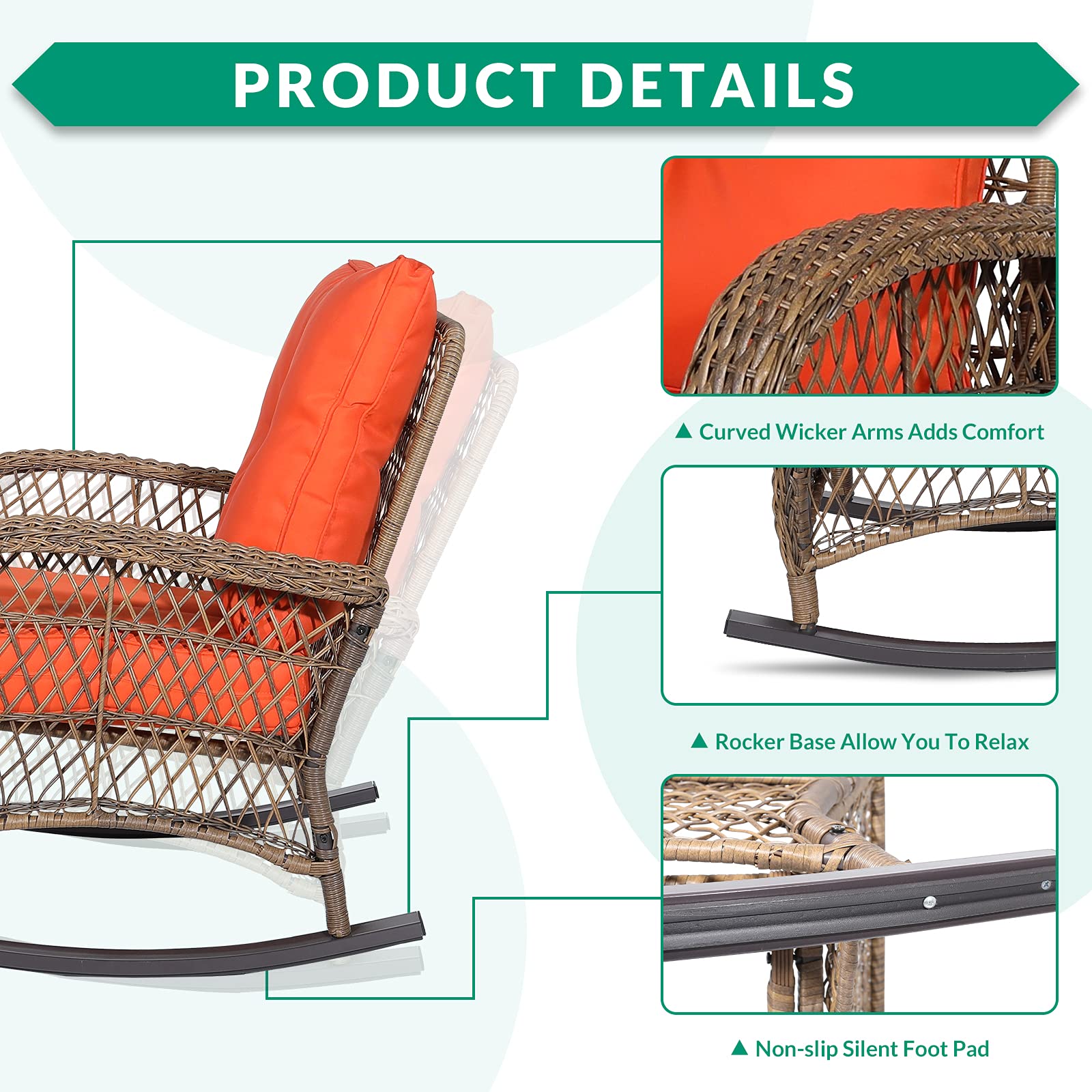 VIVIJASON All-Weather Outdoor Wicker Rocking Chair with Cushions - Patio Rattan Rocker Chair with Durable Steel Frame - Comfortable Garden Backyard Porch Furniture for Relaxing (Orange) - Perfect for Sunbathing, Reading & Enjoying Morning Coffee