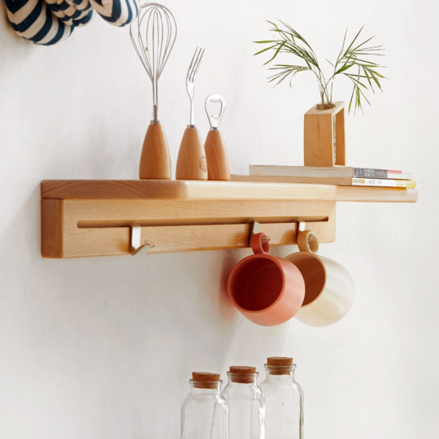 Solid Beech Wood Wall Shelf with Hooks - Rustic Floating Shelf for Kitchen, Bathroom, or Living Room Storage & Decor