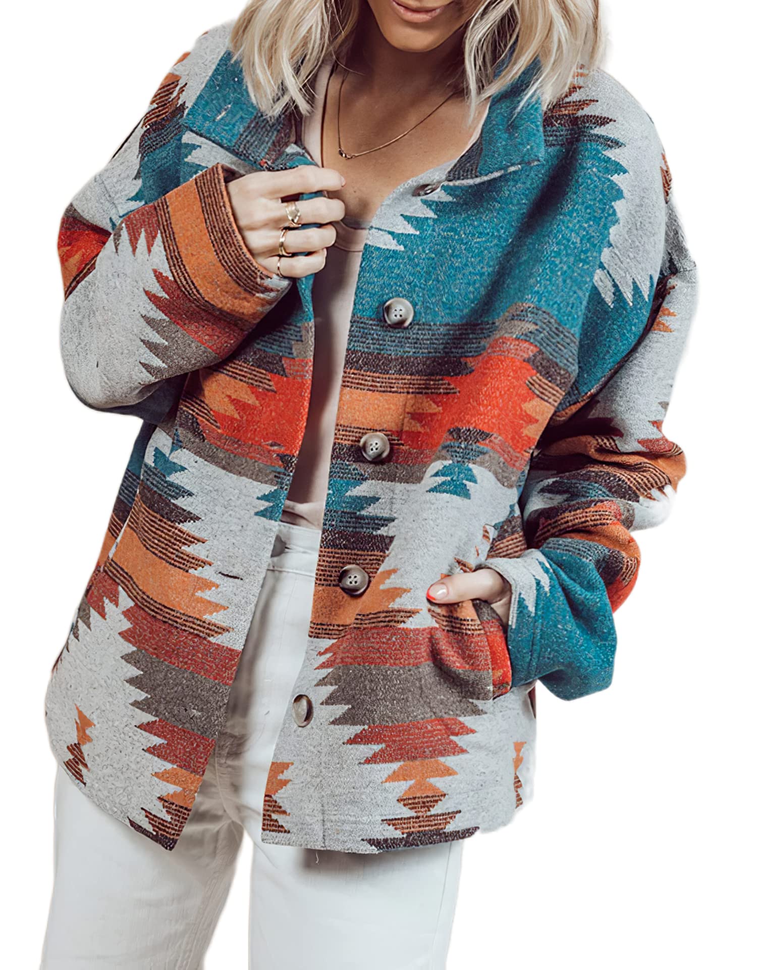 TIAFORD Women's Aztec Print Shacket Jacket - Long Sleeve Button Down Western Style Shacket for Women | Perfect for Casual Outings, Fall Layering & Boho Fashion Looks