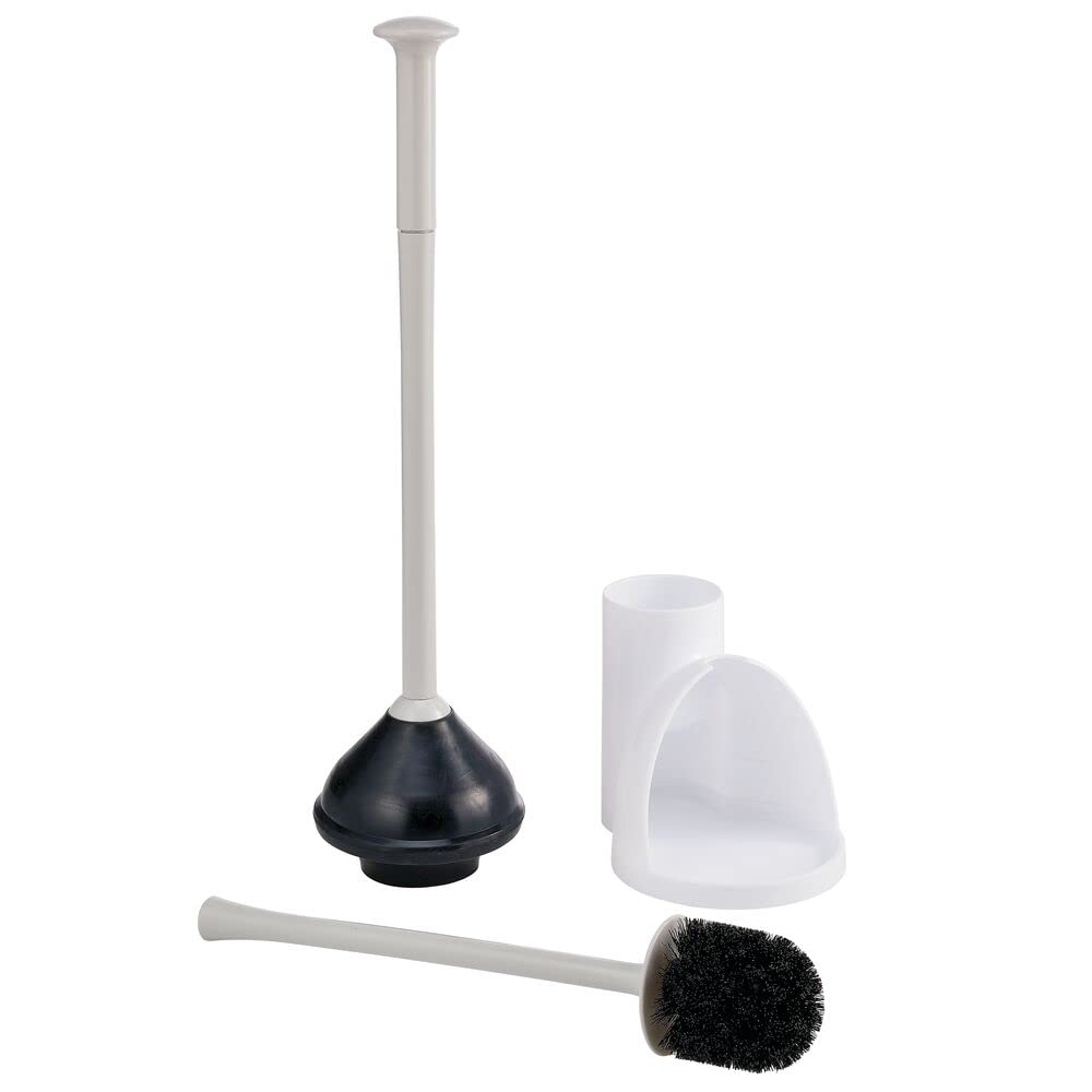 mDesign Hidden Toilet Plunger and Brush Set with Holder - Modern Bathroom Cleaning Combo for Toilet Bowl - Aura Collection in White/Light Gray - Perfect for Small Bathrooms & Tight Spaces