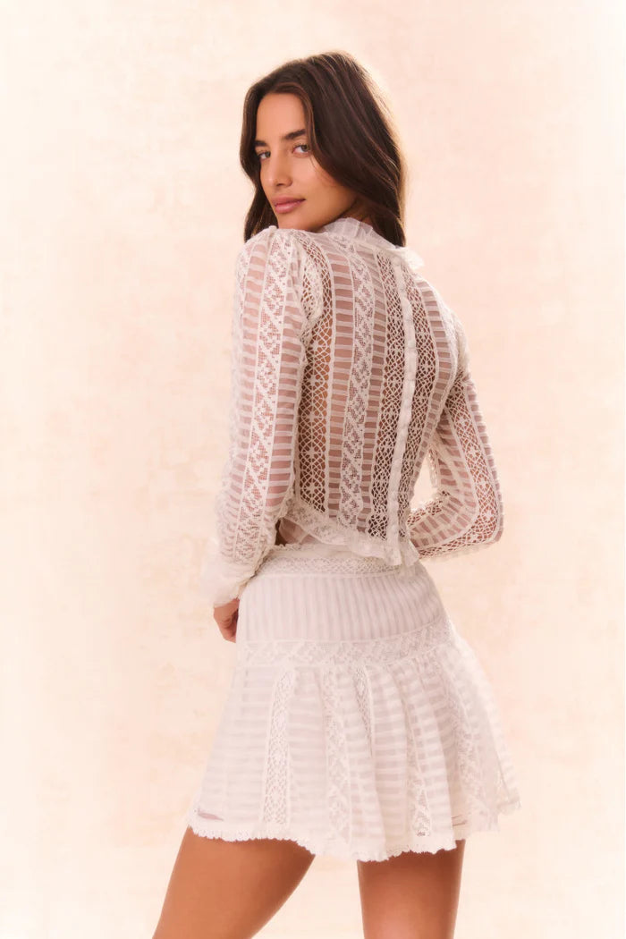 Etheline Crochet Lace Long Sleeve Women's Blouse - Cream White Boho Chic Top for Spring Summer Casual Outfits & Beach Cover Up