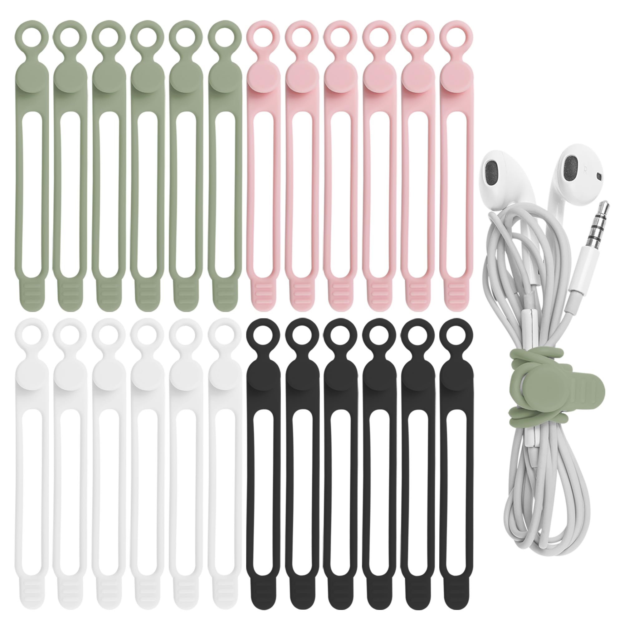 Nearockle 24Pcs Reusable Silicone Cable Straps - Cord Organizer for Earphones, Phone Chargers & Computer Wires - Multi-Purpose Wire Ties for Home, Office, Kitchen & School Use (4 Colors) - Perfect for Desk Cable Management & Travel Accessories Organization