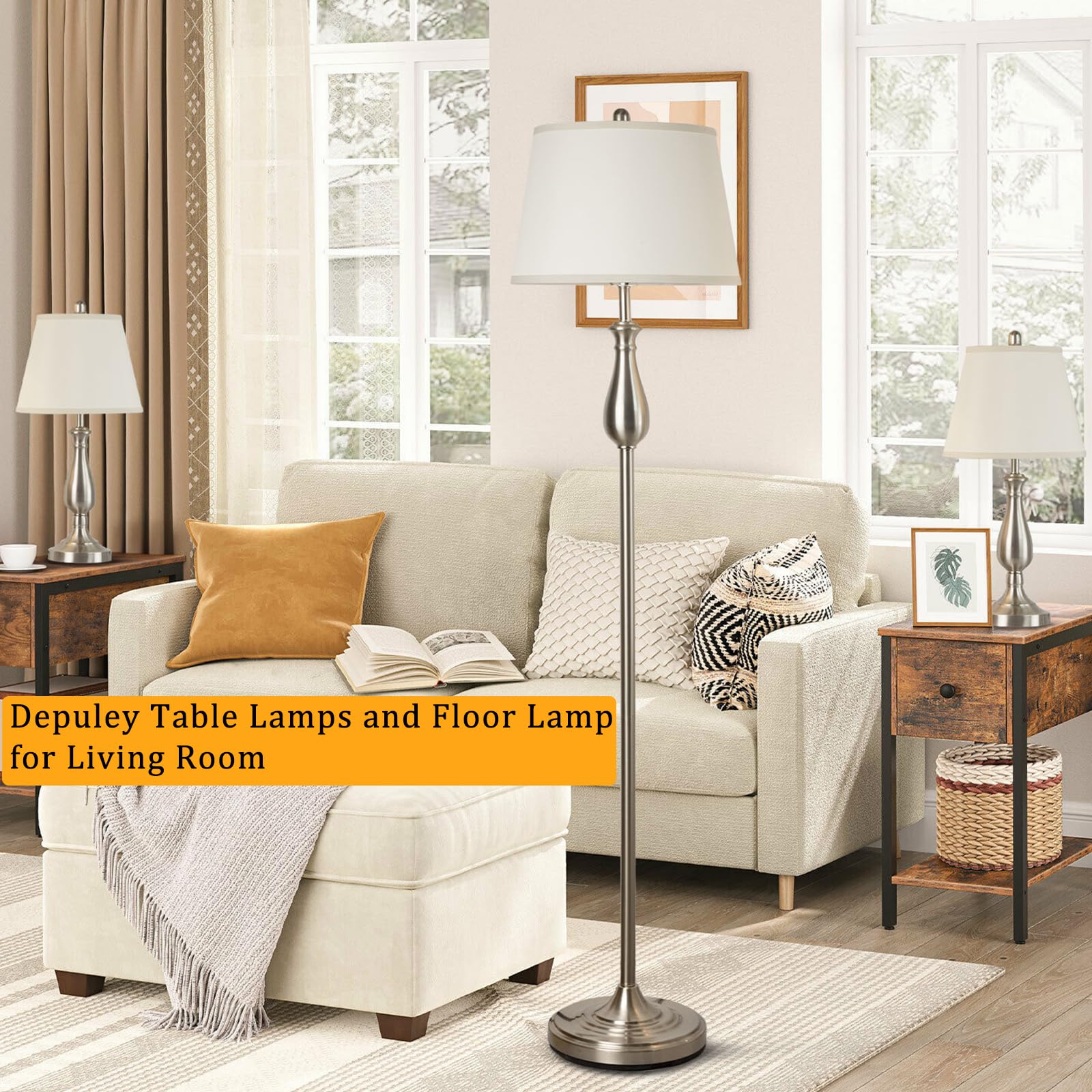 Depuley 3-Piece Modern Lamp Set - 2 Table Lamps & 1 Floor Lamp with White Linen Shades, Silver Metal Finish for Living Room, Bedroom, Office | Perfect for Ambient Lighting and Home Decor