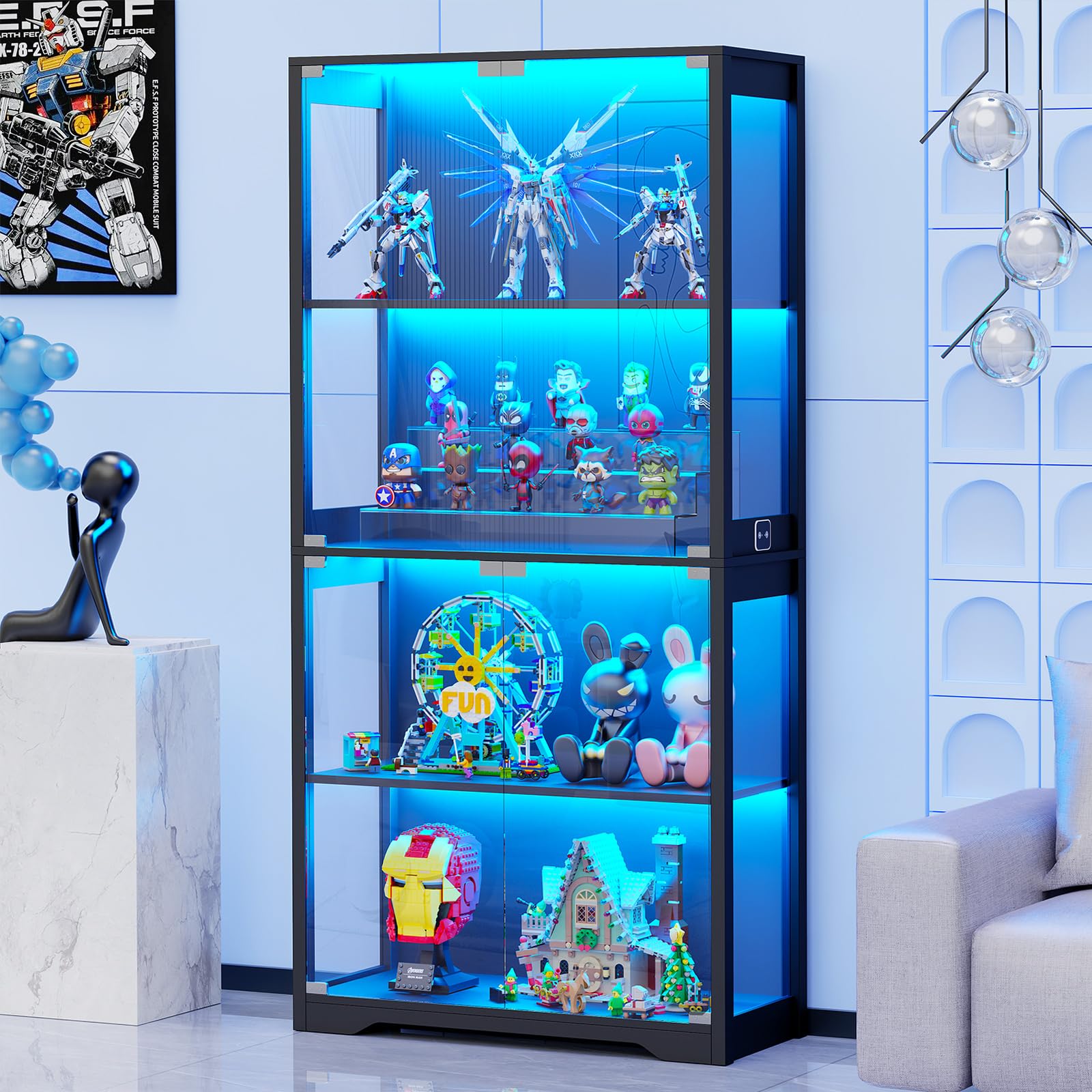 4-Tier Glass Display Cabinet with LED Lights & Motion Sensor - Black Curio Cabinet for Collectibles, China, Figurines | Perfect for Living Room, Bedroom, or Office Decor