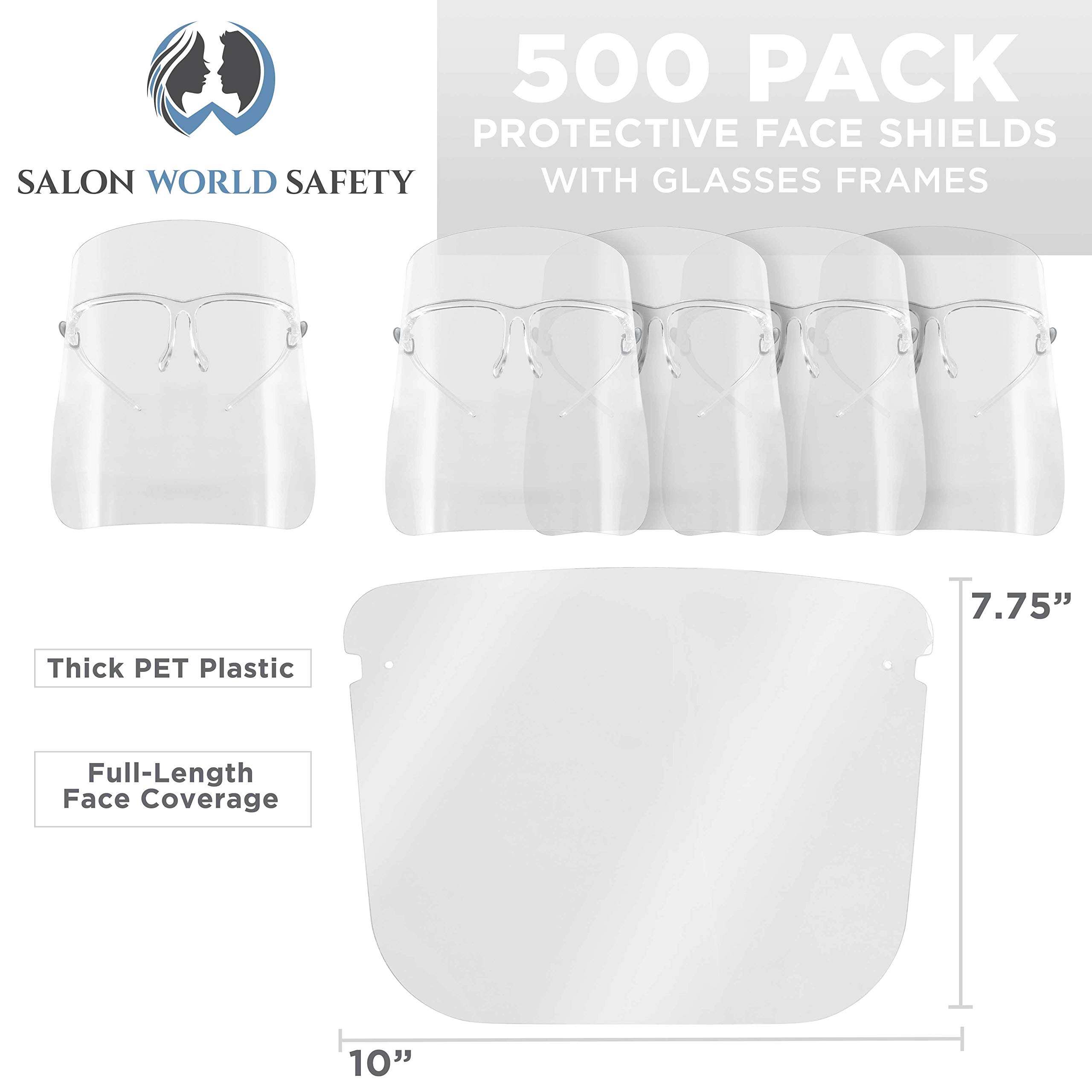 TCP Global Salon World Safety Face Shields with Clear Glasses Frames (500-Pack) - Ultra Clear Full Face Protection for Eyes, Nose & Mouth - Anti-Fog PET Plastic Shields - Ideal for Salons, Healthcare & Industrial Use
