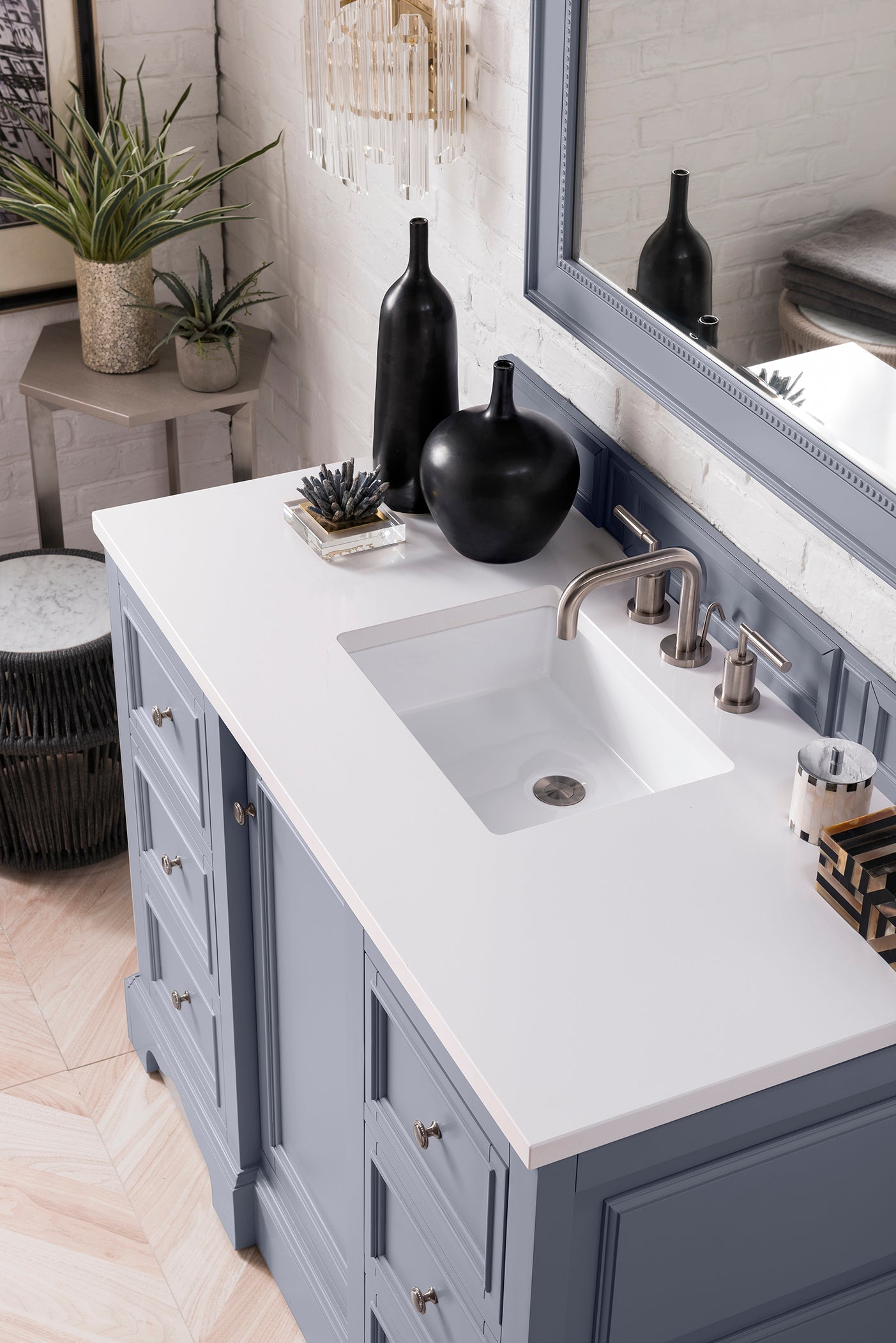 De Soto 48 Inch Single Bathroom Vanity with 3CM Classic White Quartz Countertop - Silver Gray Finish for Modern Bathroom Remodel & Home Upgrade