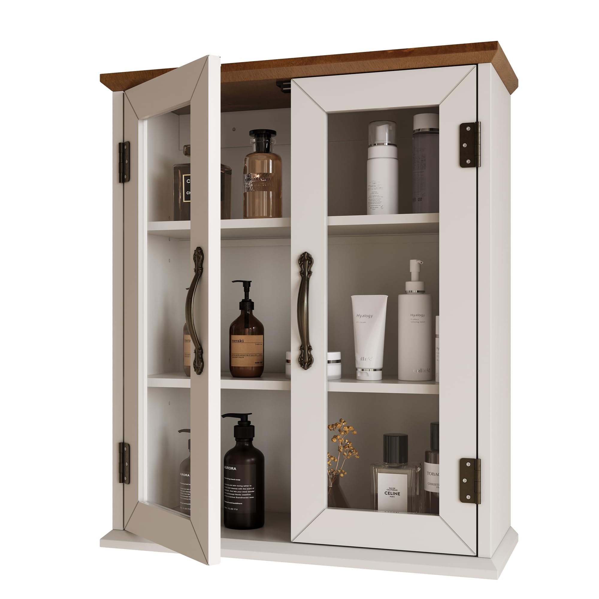 ChooChoo Wooden Medicine Cabinet with Acrylic Doors - Adjustable Shelf Bathroom Wall Cabinet for Over The Toilet - Rustic Wall Mount Storage for Bathroom, Kitchen & Living Room in Soft White & Brown - Perfect for Organizing Toiletries, Cosmetics & Small Essentials