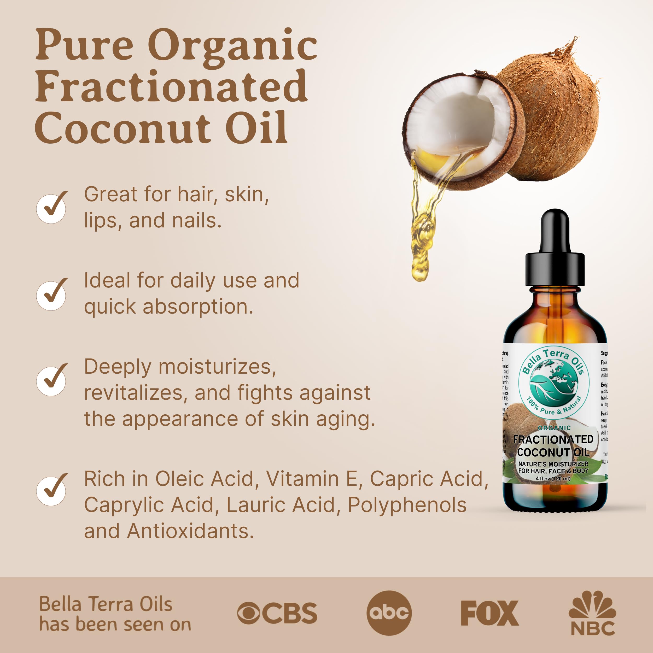 Organic Fractionated Coconut Oil 16 oz by Bella Terra - Pure MCT Oil for Skin Care, Hair & Massage | Antioxidant-Rich, Non-GMO, Vegan | Perfect for Aromatherapy, Cooking & DIY Beauty Products