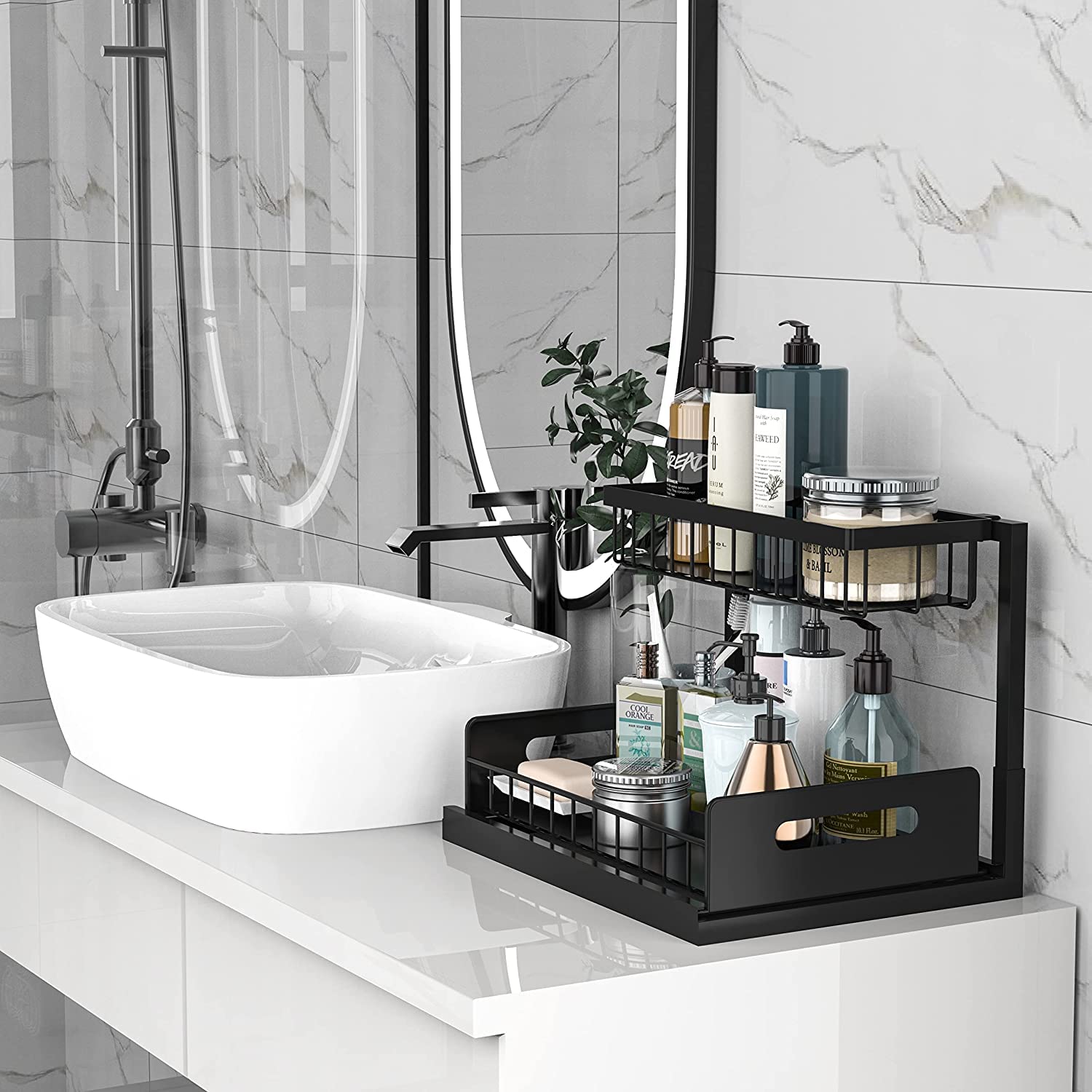 2-Tier Under Sink Organizer - Rustproof Sliding Cabinet Storage Shelf for Kitchen & Bathroom | Space-Saving Solution for Sponges, Cleaners & Toiletries Under Counter