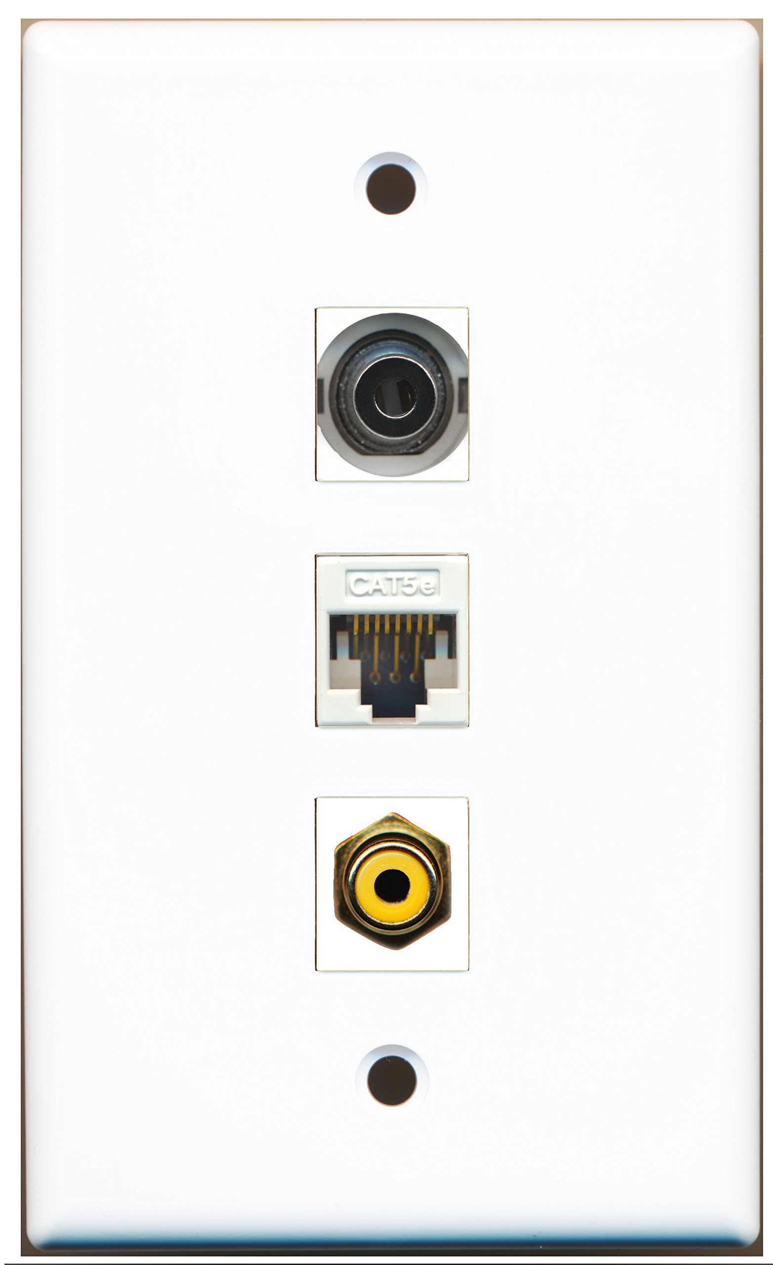 RiteAV 1-Port RCA Yellow & 3.5mm Audio + Cat5e Ethernet Wall Plate - White | Home Theater & Audio System Installation Accessory