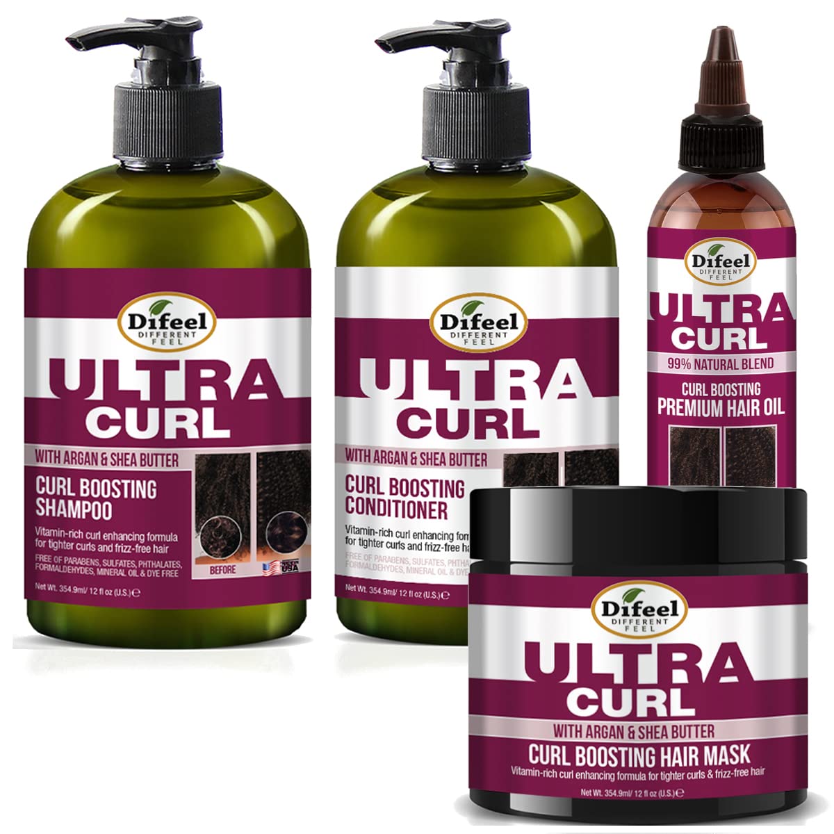Difeel Ultra Curl Hair Care Set - Moisturizing Shampoo (12 oz), Deep Conditioner (12 oz), Hair Mask (12 oz) & Argan Oil (8 oz) for Curly Hair - Perfect for Dry, Frizzy & Damaged Hair Care Routine