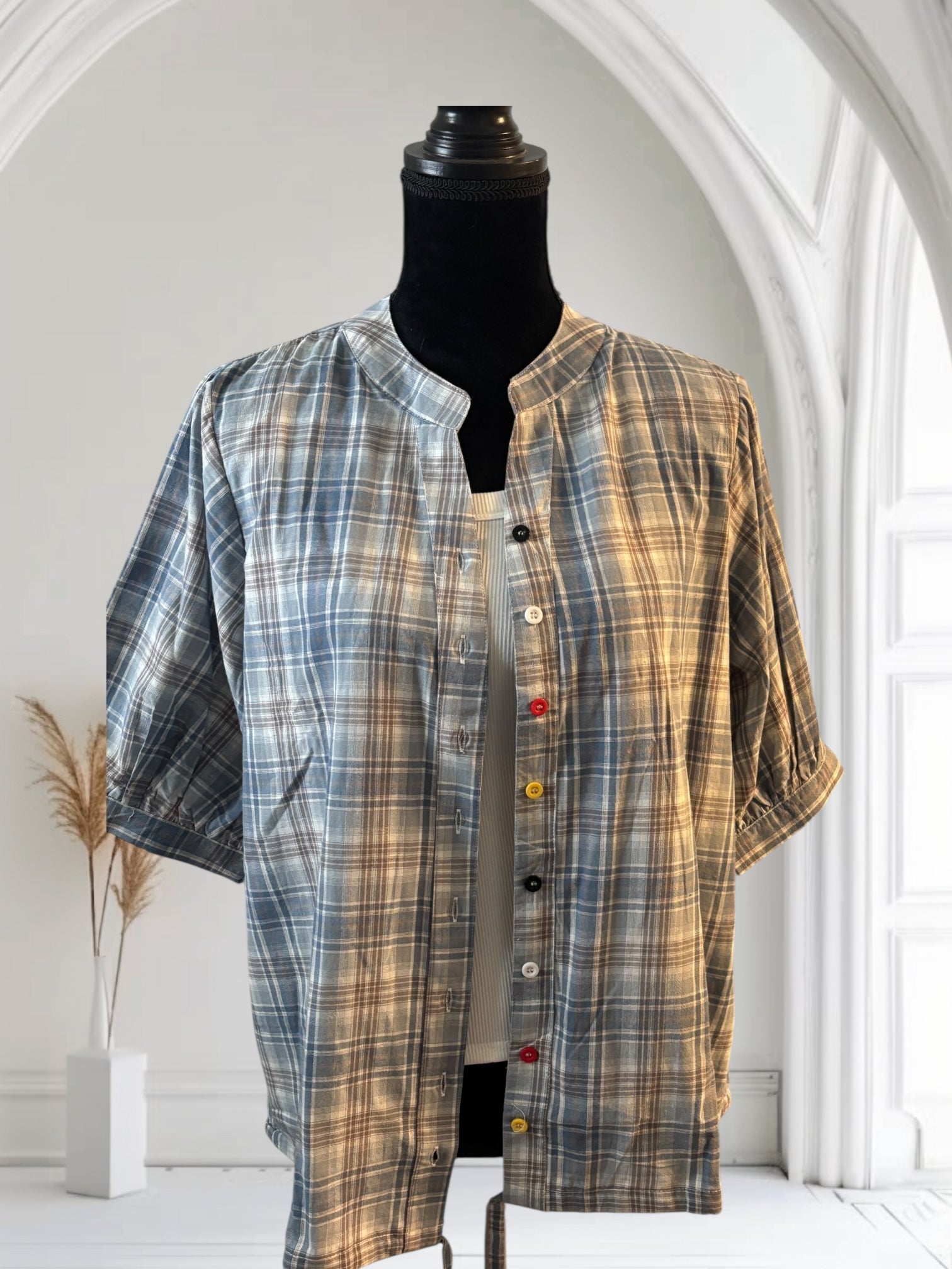Women's Plaid Short Sleeve Cotton Shirt - Summer Casual Half Sleeve Drawstring Top for Outdoor Activities, Beach Wear & Everyday Fashion