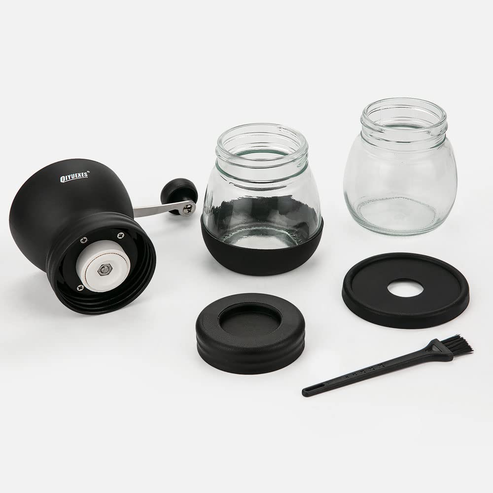 Premium Manual Coffee Grinder - Adjustable Ceramic Burr Mill for Espresso, French Press & Cold Brew - Portable Hand Crank Coffee Bean Grinder with 2 Glass Jars (11oz Each) & Cleaning Brush - Perfect for Home, Office, Camping & Travel Use