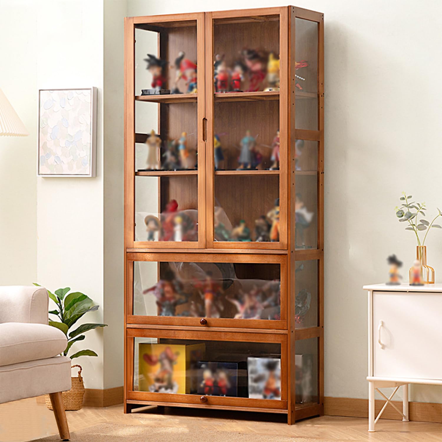 Acrylic Flip Door Display Cabinet - Bamboo Curio Shelf Storage Case 31.5x12.6x66.9 Inches (Brown) | Easy to Install for Home Décor, Collectibles & Retail Displays