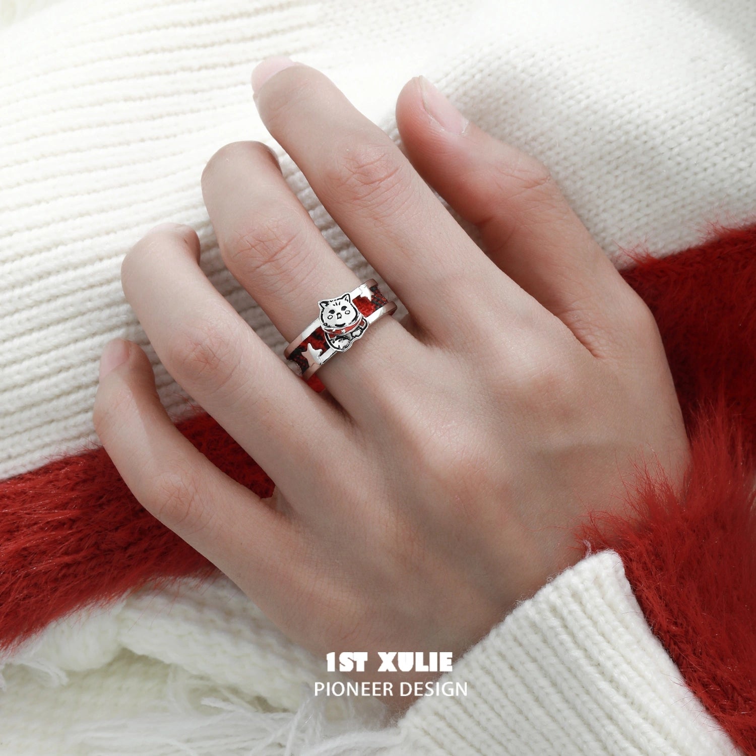 2024 Christmas Kitten & Puppy S925 Sterling Silver Adjustable Tartan Rings - Perfect Holiday Gift for Pet Lovers, Couples & Friends - Great for Christmas Parties, Stocking Stuffers & Festive Jewelry Gifts