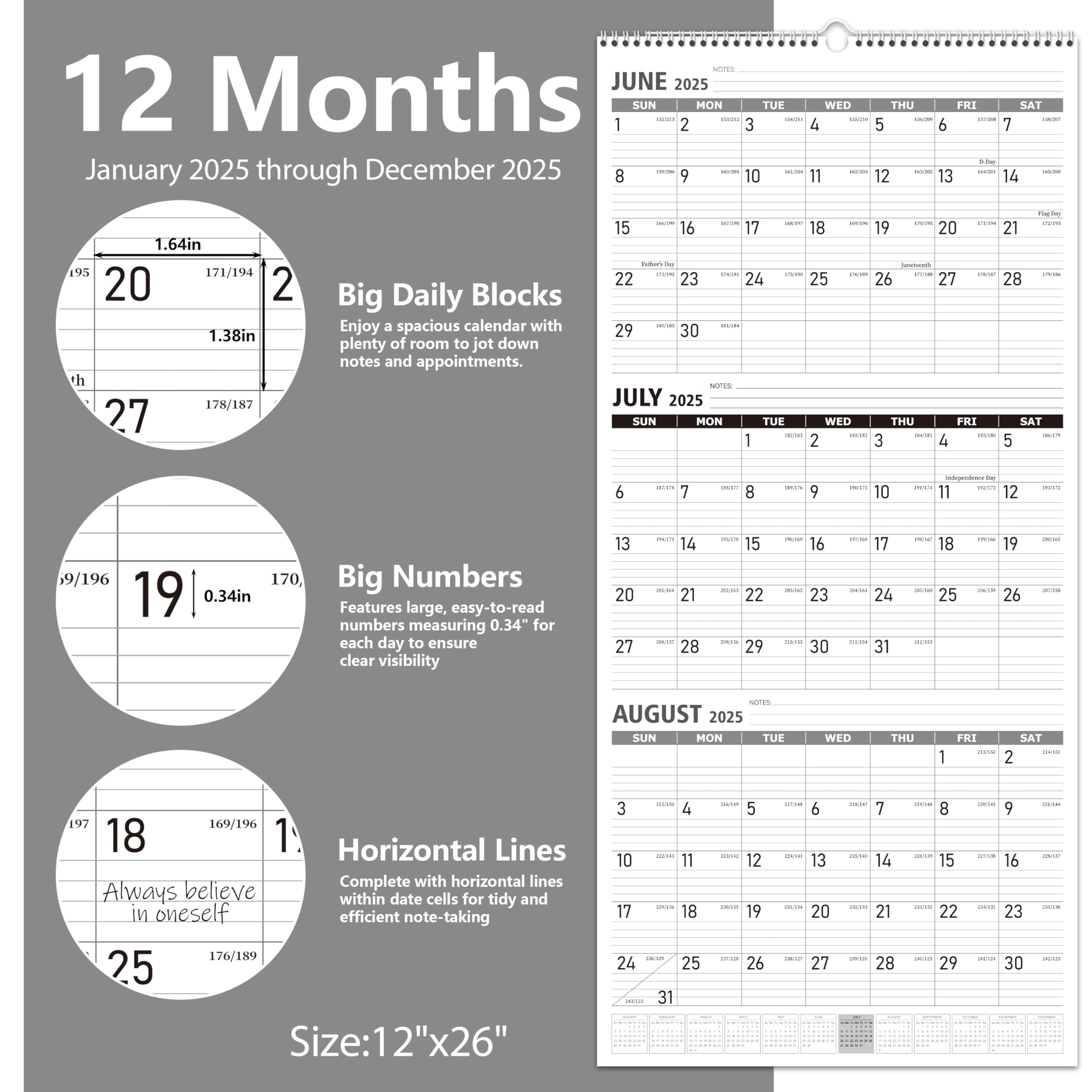 GuassLee 2025 Wall Calendar - 12 Month Vertical Large Planner (26