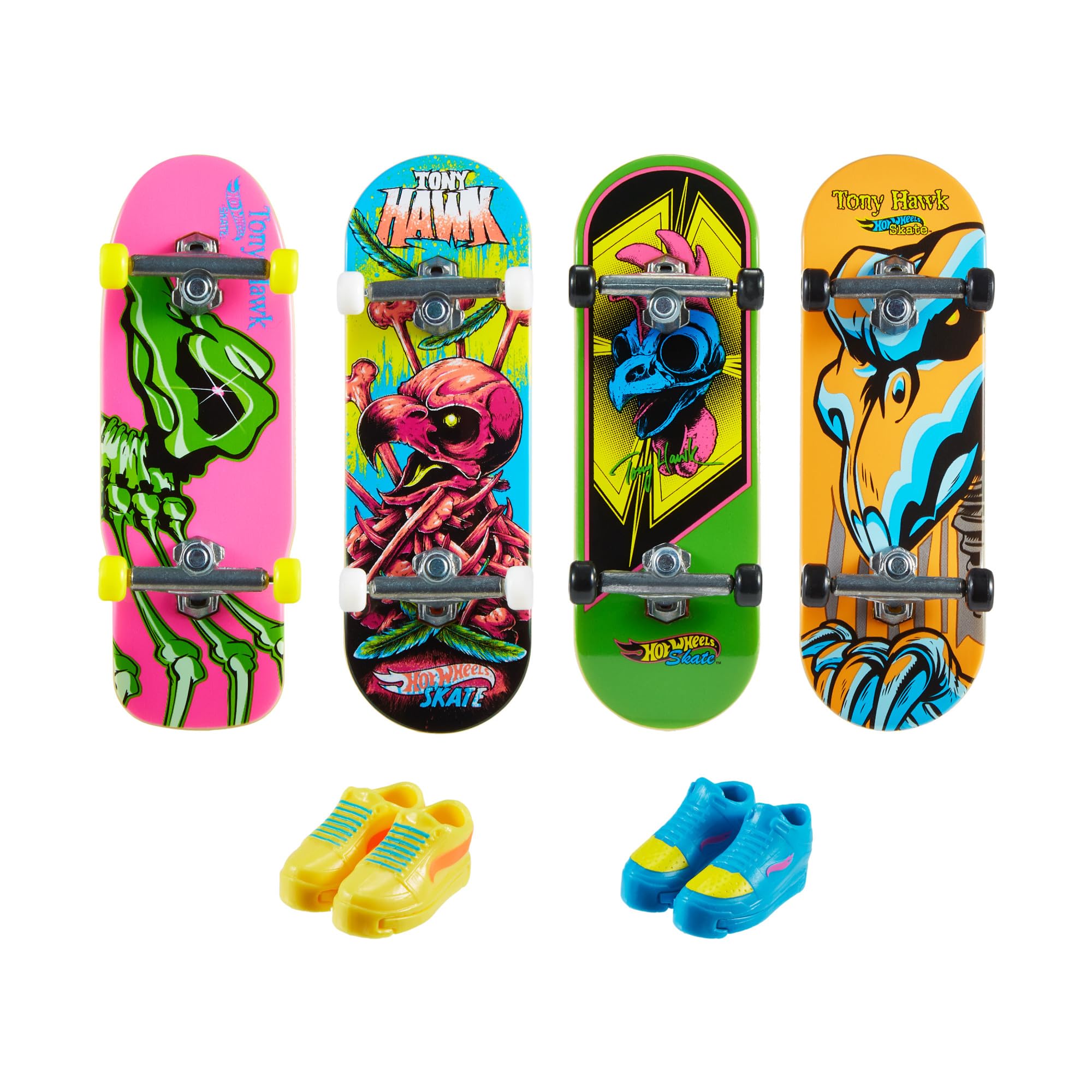 Tony Hawk Hot Wheels Skate Neon Bones Fingerboard Set - Mini Finger Skateboard with Removable Skate Shoes - Perfect for Collectors & Skateboard Enthusiasts - Great for Desktop Play, Gifts & Skateboarding Fans