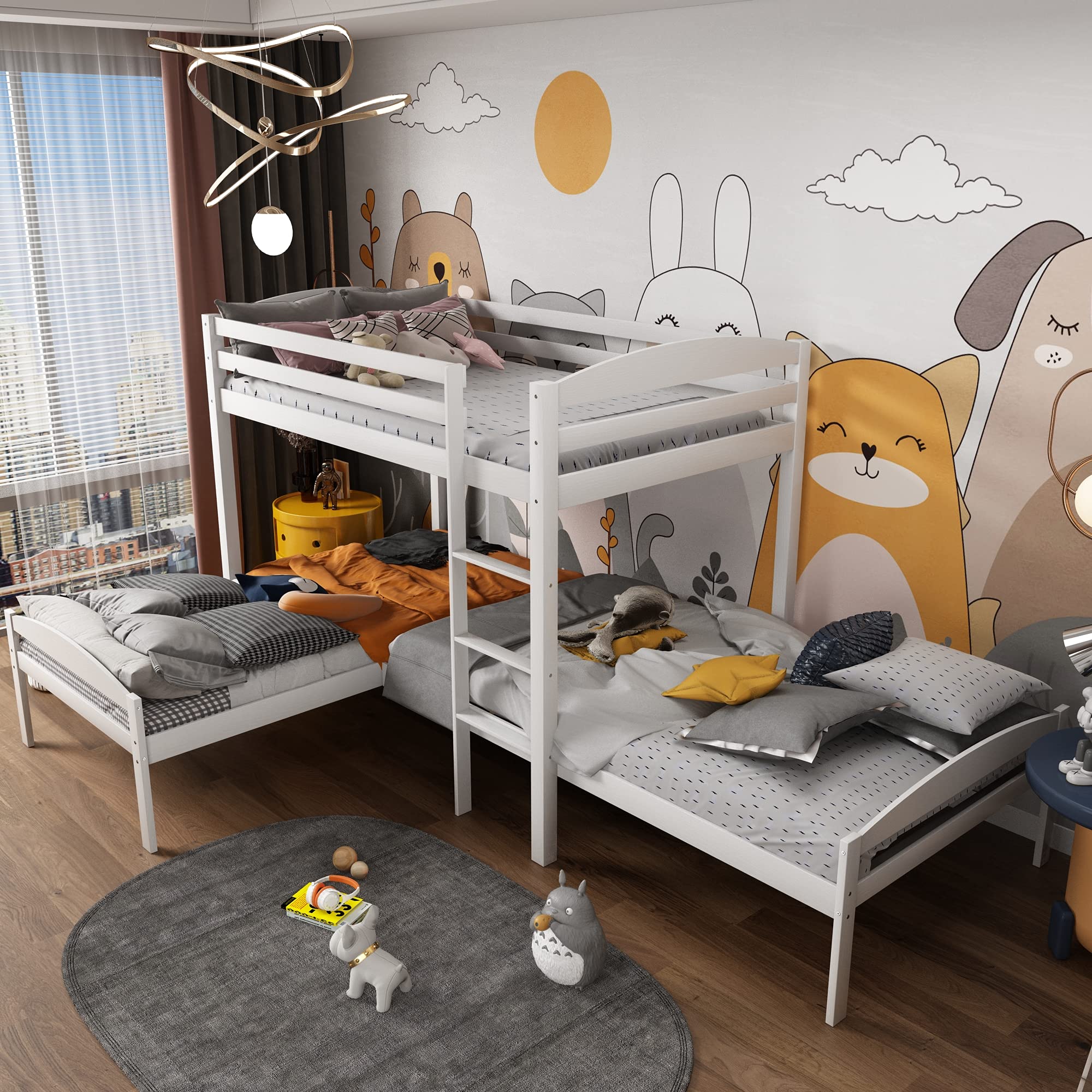 L-Shaped Pine Wood Twin Over Twin Over Twin Bunk Bed for Kids & Teens - White | Space-Saving Triple Bunk Bed for Small Rooms, Sleepovers & Shared Kids' Bedrooms