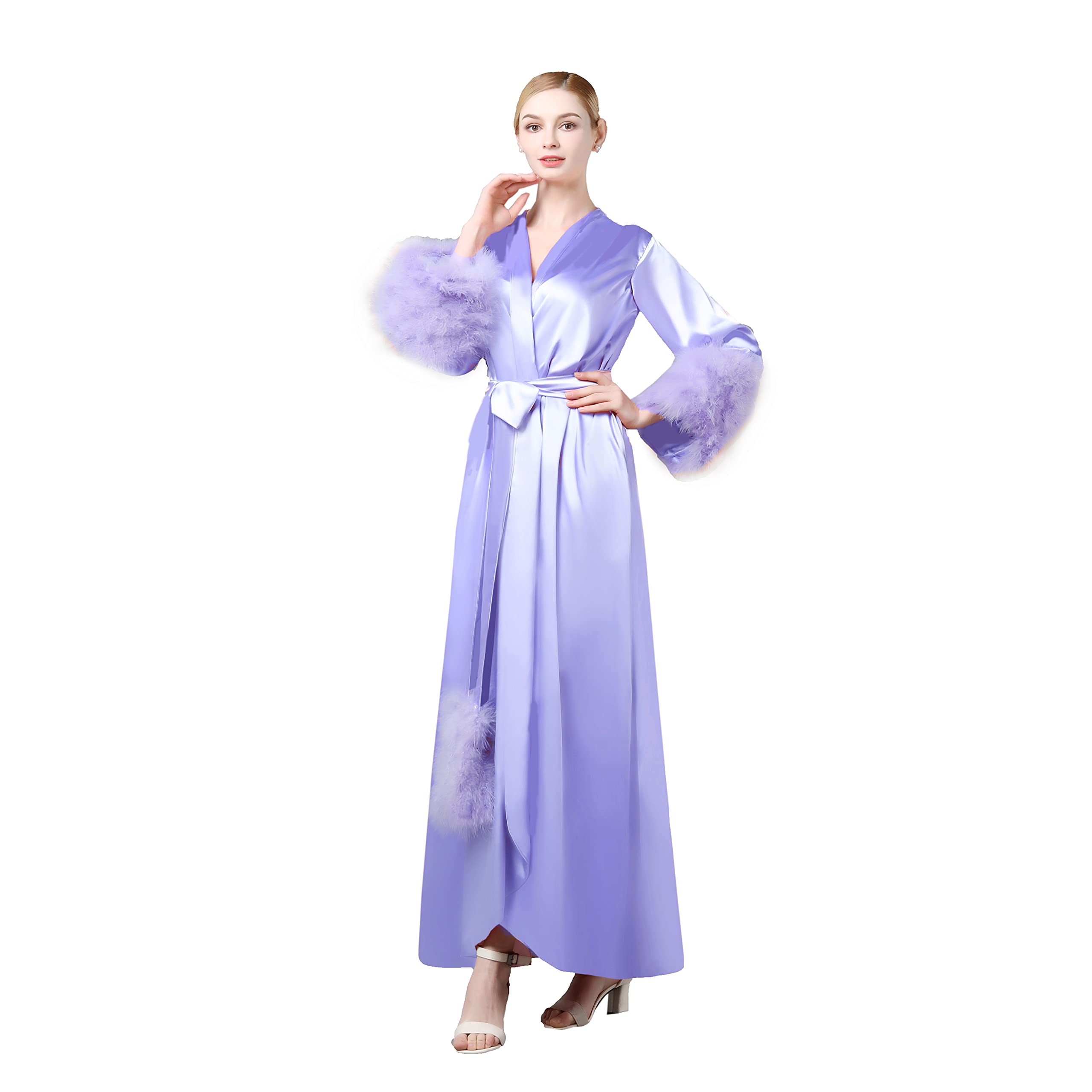 Luxury Women's Feather Trim Bathrobe - Soft Plush Fleece Kimono Robe with Belt for Spa, Bridal, Sleepwear & Lounging at Home