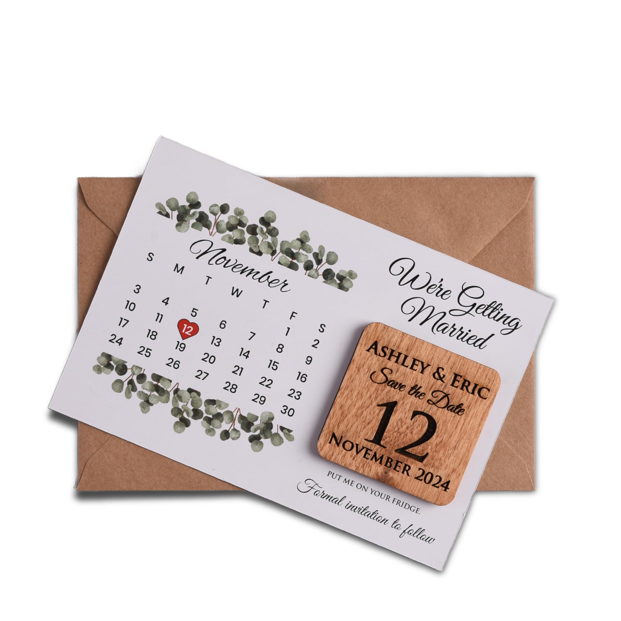 Customizable Save the Date Calendar Cards with Wooden Magnets | Personalized Wedding Favors Set | Includes Kraft Envelopes & Clear Labels | 5 Color Options | Perfect for Weddings, Anniversaries & Special Events
