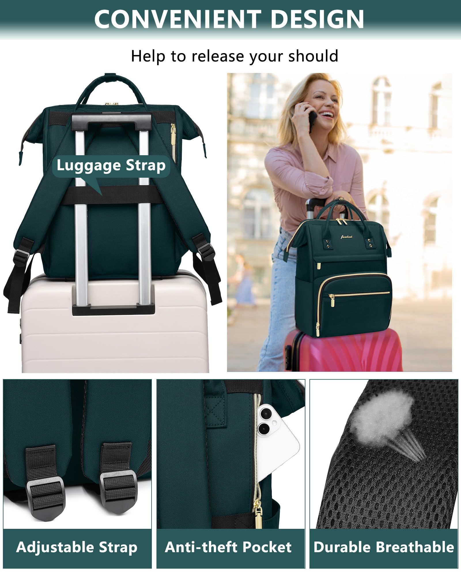 Professional Women's Laptop Backpack - 15.6 Inch Waterproof Work Bag with USB Port, Dark Green Travel Backpack for Nurse, Teacher, Office, and College Students