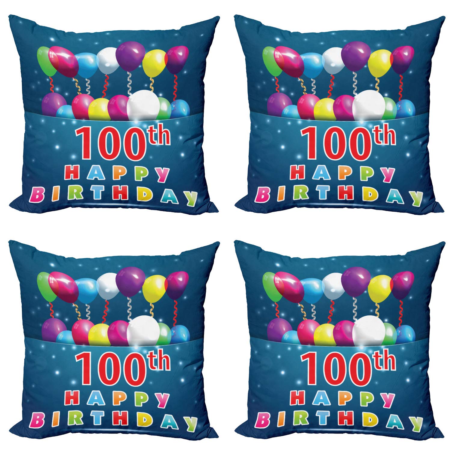 Ambesonne 100th Birthday Decorative Throw Pillow Covers - Pack of 4, Colorful Balloons & Star Dots Design for 100 Years Celebration - 24 Inch Blue & Navy Cushion Covers for Sofa, Living Room, Bedroom & Car Decor - Perfect for Birthday Parties & Home Decor
