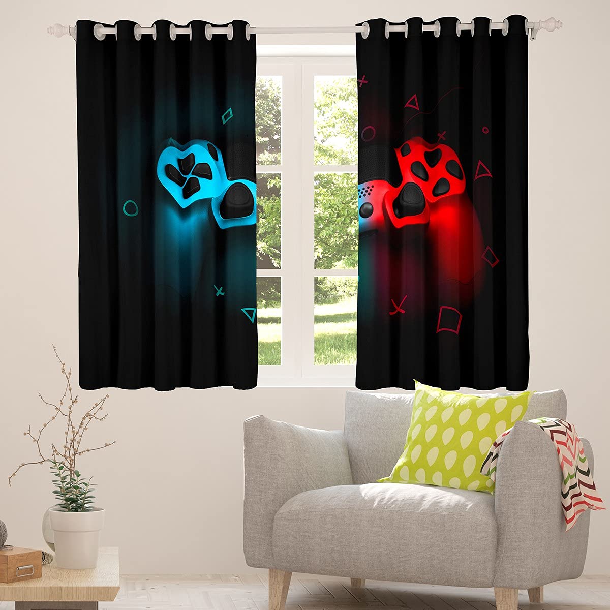 Gaming Window Curtains for Teens - Pixel Cube Abstract Design with Grommets in Black, Red & Blue - 42x90 Inch Video Game Room Decor for Boys & Girls - Perfect for Bedroom, Game Room & Streaming Setup