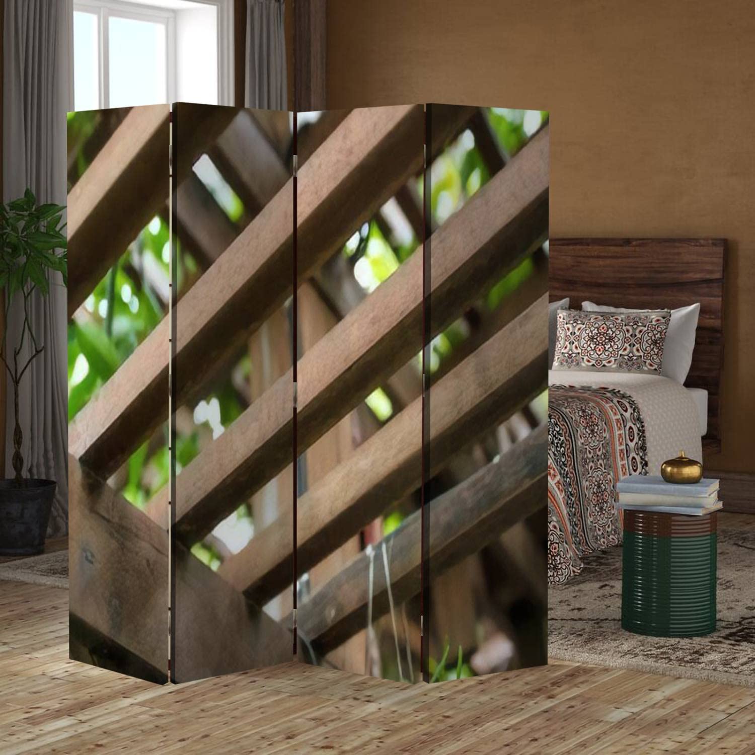 Brown Wood Screen Room Divider - 4 Panel Folding Privacy Partition with Spaced Lath Roof for Hanging Plants | Indoor Wall Divider & Display Shelves for Home, Office, and Studio Decor