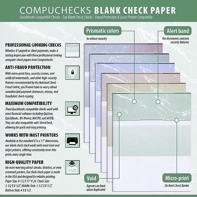 Compuchecks Check on Top Blank Check Paper - 1000 Pack, QuickBooks & Laser Printer Compatible Business Checks with Voucher - 8.5