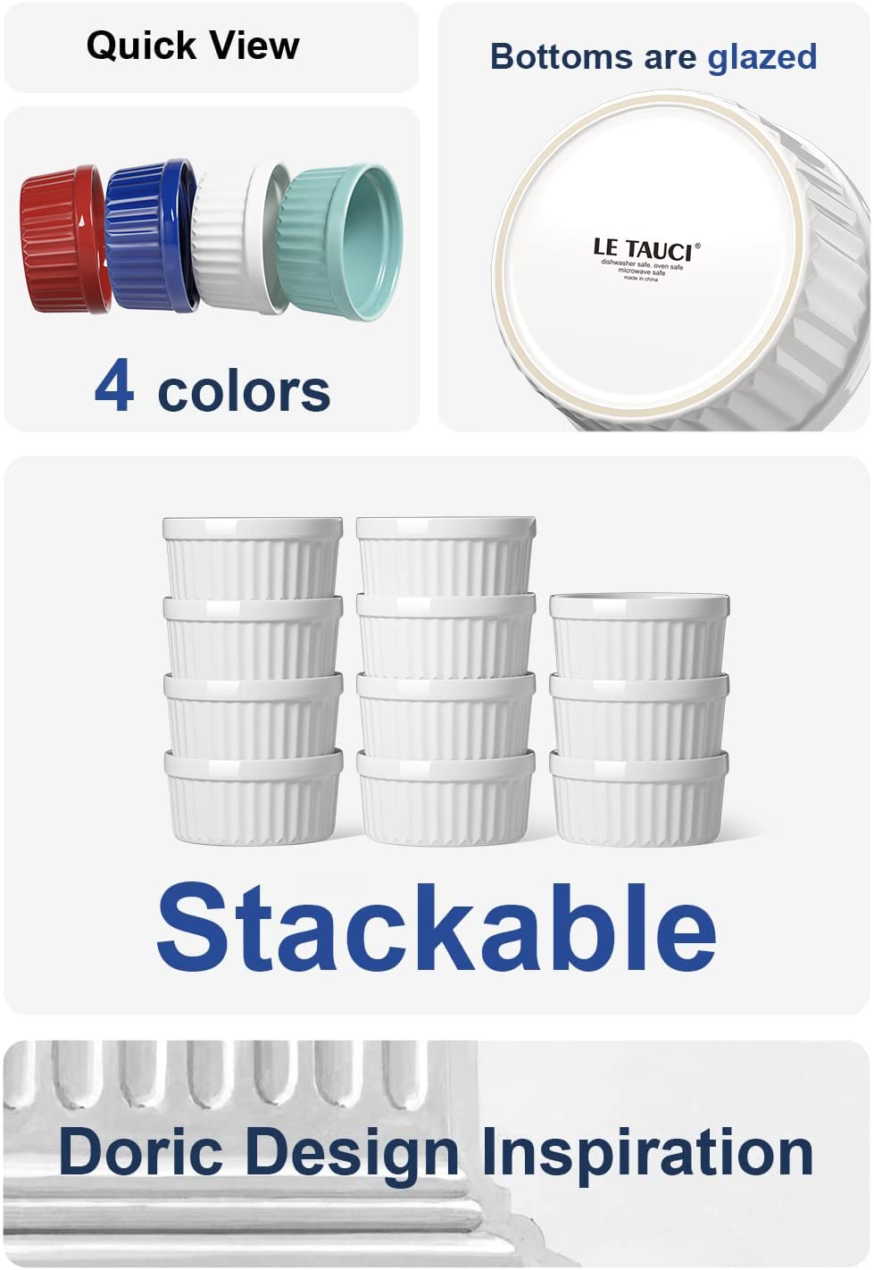 LE TAUCI 4 OZ Ceramic Ramekins Set of 6 - Oven Safe Creme Brulee Cups, Souffle Dishes & Pudding Bowls - Perfect for Baking, Desserts & Dipping Sauces - White