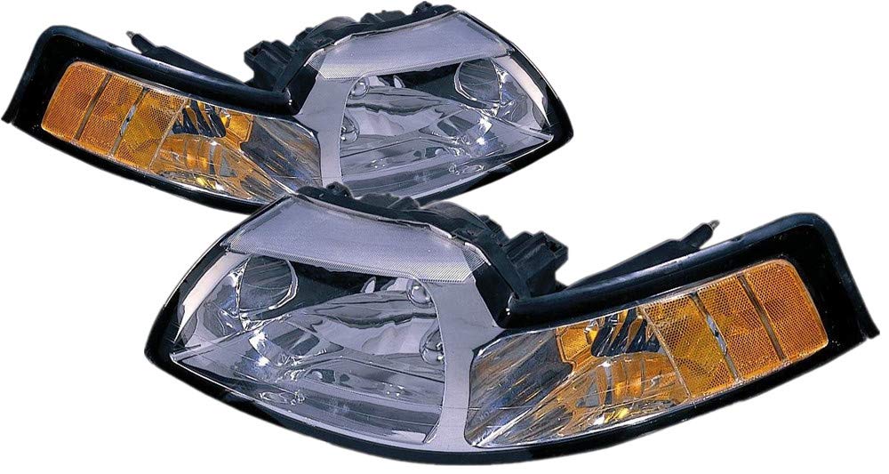 Ford Mustang Headlights Lamps Set (1999-2000) - Halogen Chrome Trim for Driver & Passenger Side - Perfect for Night Driving & Car Restoration Projects