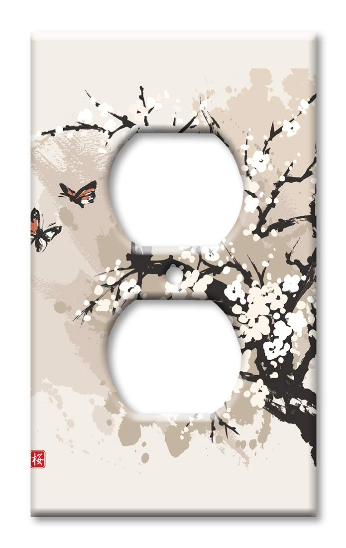 Oversized Art Plates - Jumbo Outlet Cover - Extra Large Switch Plate with Cherry Blossoms & Butterflies Design - Made in USA - Perfect for Home Decor, Nursery, Living Room & Bedroom Wall Outlet Cover
