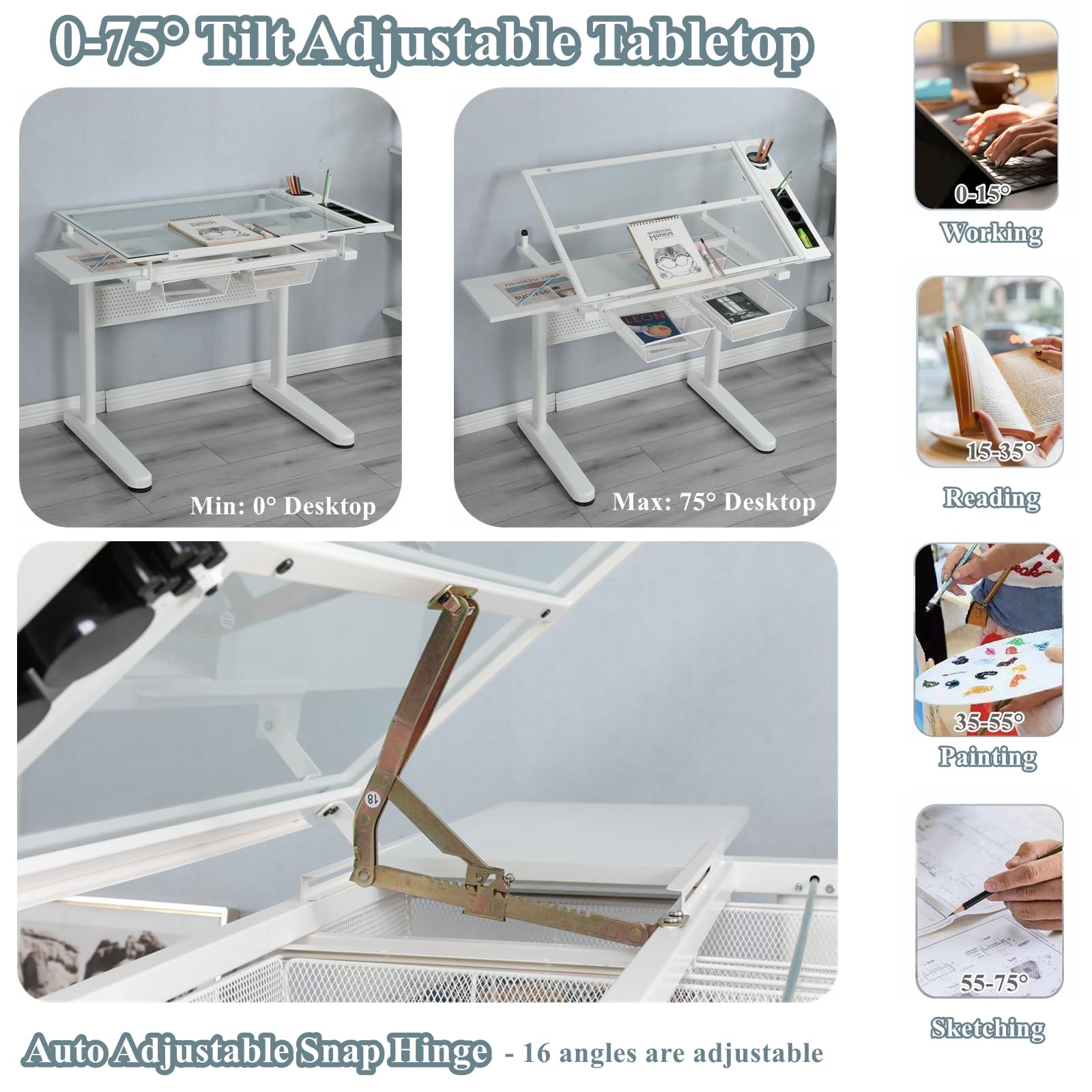 Upgraded Adjustable Height Glass Drafting Table with Hand Crank - Tilting Art & Craft Desk for Artists, Architects & Designers | Includes Stool, 2 Storage Drawers & Side Table | Perfect for Home Office, Studio & Creative Workspace (No.2-White)
