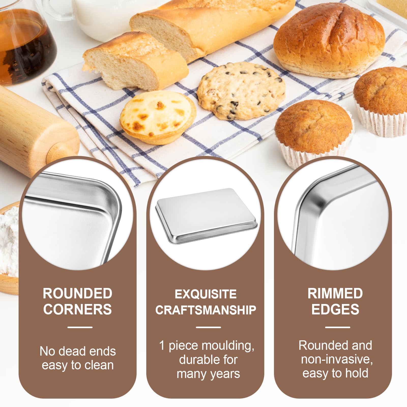 Premium Stainless Steel Cookie Baking Sheets Set - 12 Inch & 10 Inch Nonstick Baking Pans for Oven, Toaster Oven - Dishwasher Safe, Rust Resistant with Mirror Finish - Perfect for Cookies, Pastries, Roasting Veggies & Family Baking