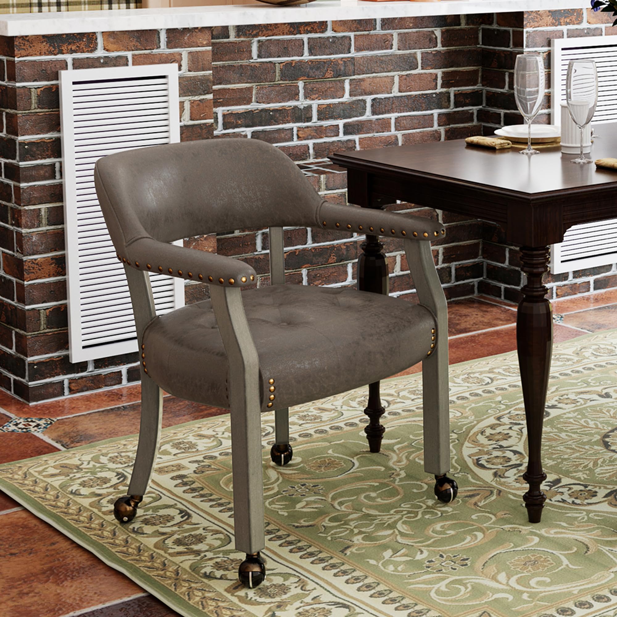 Dark Brown High Back Rolling Dining Chair with Casters - Ergonomic Captain's Chair for Kitchen Table, Dinette Sets & Poker Games | Wheeled Office & Home Furniture