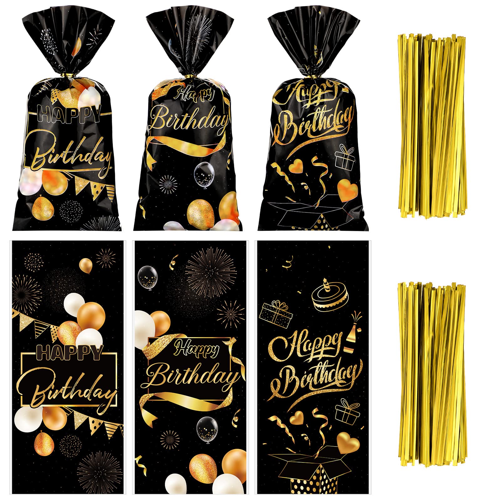 150 Pcs Black and Gold Candy Bags with Ties - Birthday Party Favor Bags, Cellophane Treat Bags for Goodie Gifts, Party Decorations - Perfect for Birthday Celebrations, Baby Showers & Wedding Favors