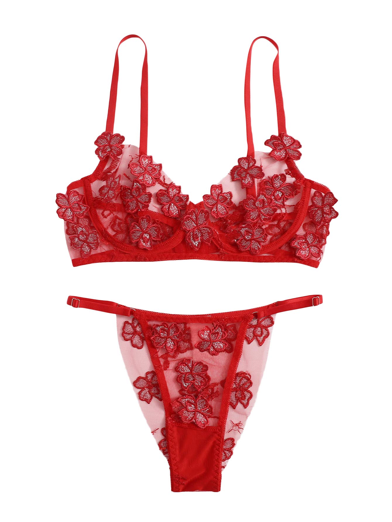 Floerns Women's Sexy Applique Lace Underwire Push Up Bra & G-String Thong Lingerie Set for Valentine's Day, Date Night & Boudoir Photography