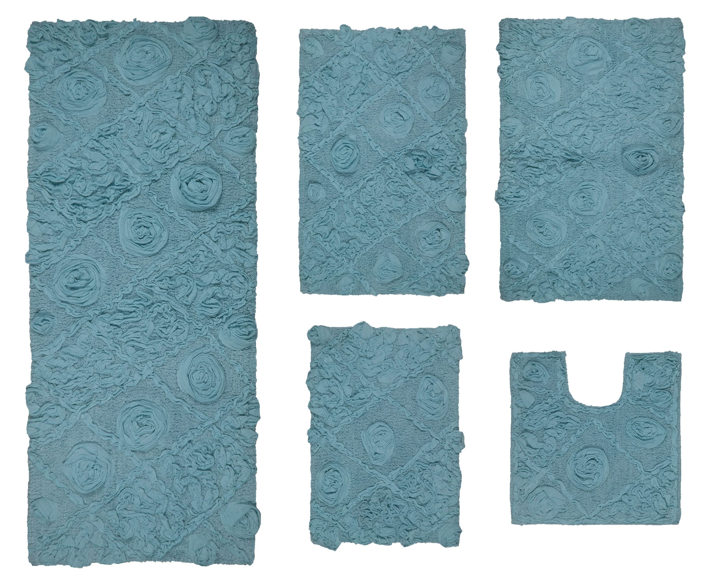 Premium 100% Cotton Bath Rug Set - 5 Piece Non-Slip, Washable & Super Absorbent Bathroom Mats - Soft Contour Design for Bathroom & Kitchen Floor - Home Weavers Modesto Collection in Blue - Perfect for Spa-Like Comfort & Safety