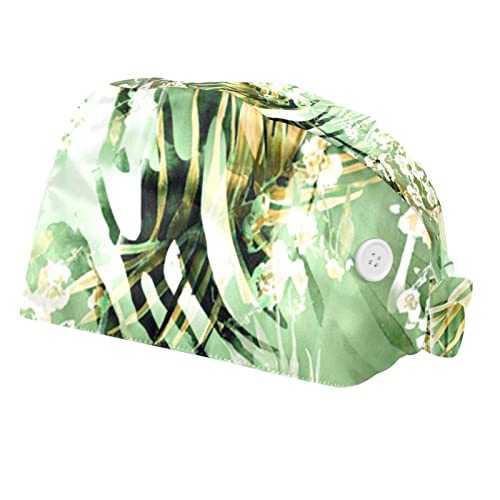 Adjustable Bouffant Caps with Button - 2 Pack Women's Ponytail Work Hats, Elastic Tie Back Hair Covers with Green Leaves Pattern - Perfect for Nursing, Food Service, and Laboratory Use