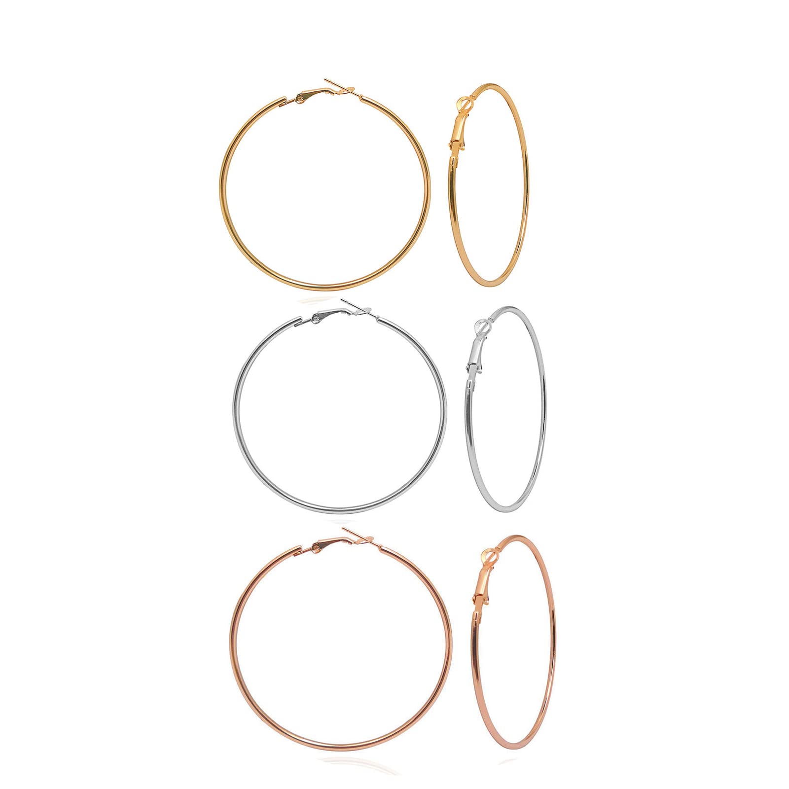3-4 Pairs Big Hoop Earrings for Women - Stainless Steel Bohemian Retro Hoops - Hypoallergenic 14K Gold Plated, Rose Gold Plated & Silver Earrings Set - Perfect for Everyday Wear, Parties & Gifts