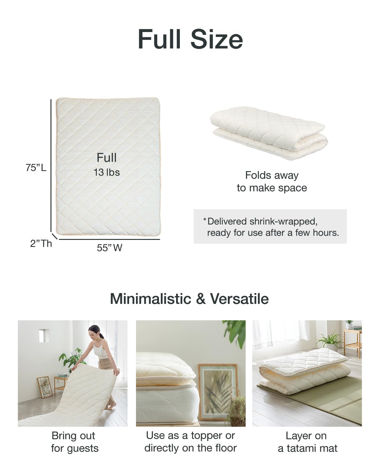 Premium Japanese Futon Mattress - Authentic Shikibuton Floor Bed | Foldable Tatami Mattress | Roll-Up Sleeping Pad | Made in Japan (White, Full Size) - Perfect for Small Spaces, Guest Rooms & Minimalist Living
