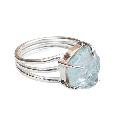 Natural Aquamarine Crystal Ring - 925 Sterling Silver Healing Gemstone Jewelry for Women | Handmade Prong Set Ring for Meditation, Energy Healing & Spiritual Gifts
