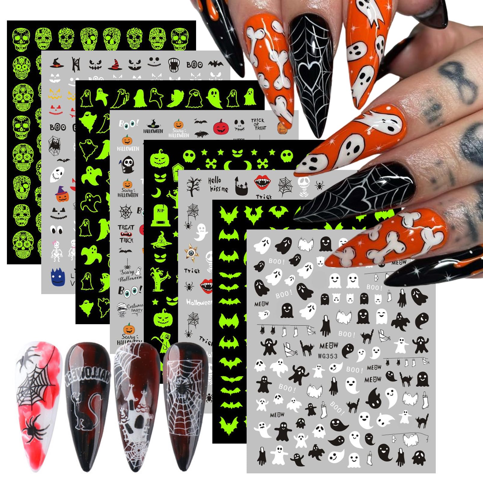 8 Sheets Halloween 3D Glow in The Dark Nail Stickers - Scary Ghost, Witch, Skull, Spider Web & Pumpkin Designs - Self-Adhesive Nail Art Decals for Women & Girls - Perfect for Halloween Parties, Costume Events & Nail Salon Decorations