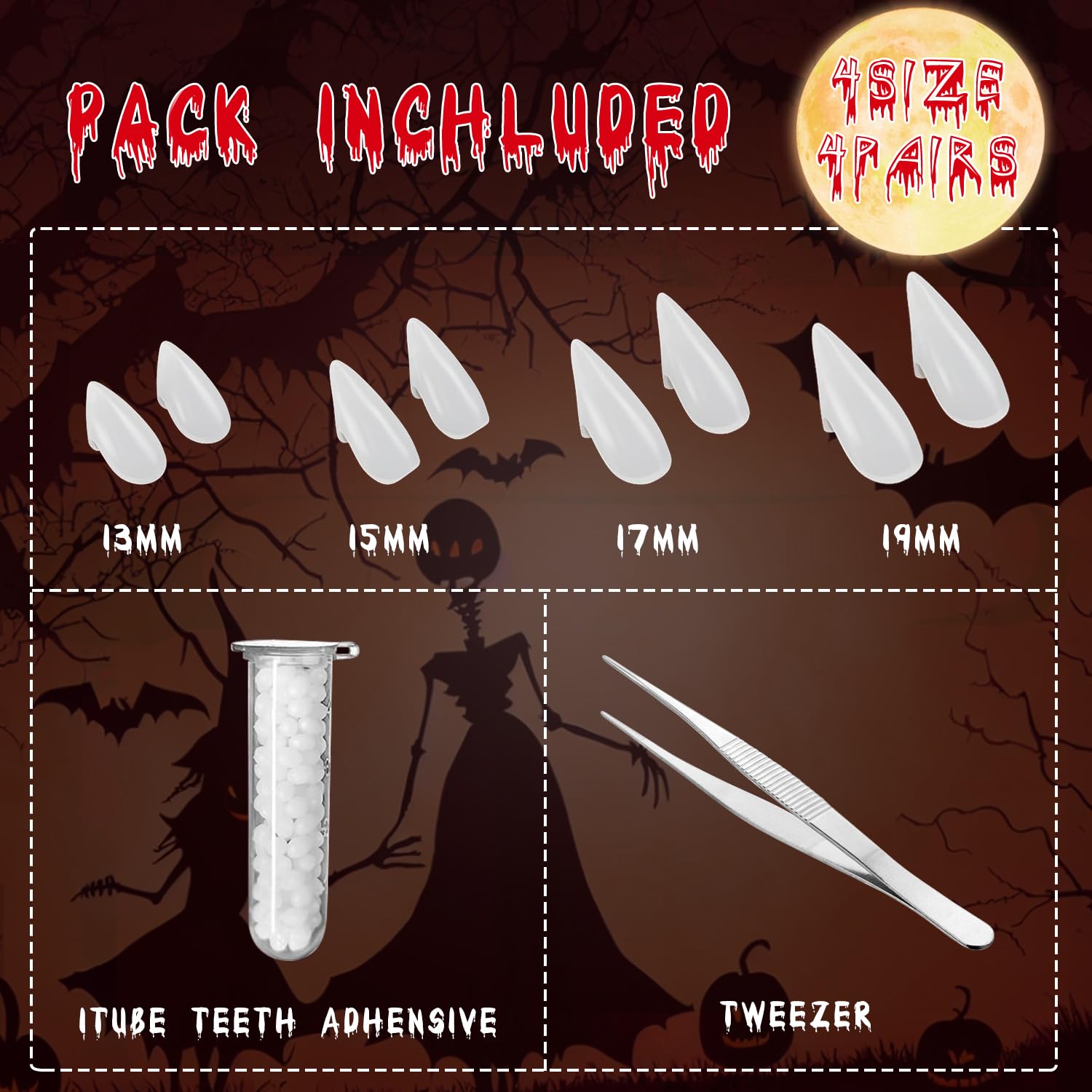 4 Pairs Vampire Teeth with Adhesive & Tweezer - 4 Sizes (13mm,15mm,17mm,19mm) Halloween Fake Fangs for Party Makeup, Cosplay & Costume Dress Up - Perfect for Halloween Decorations, Scary Movie Props & Vampire Themed Events