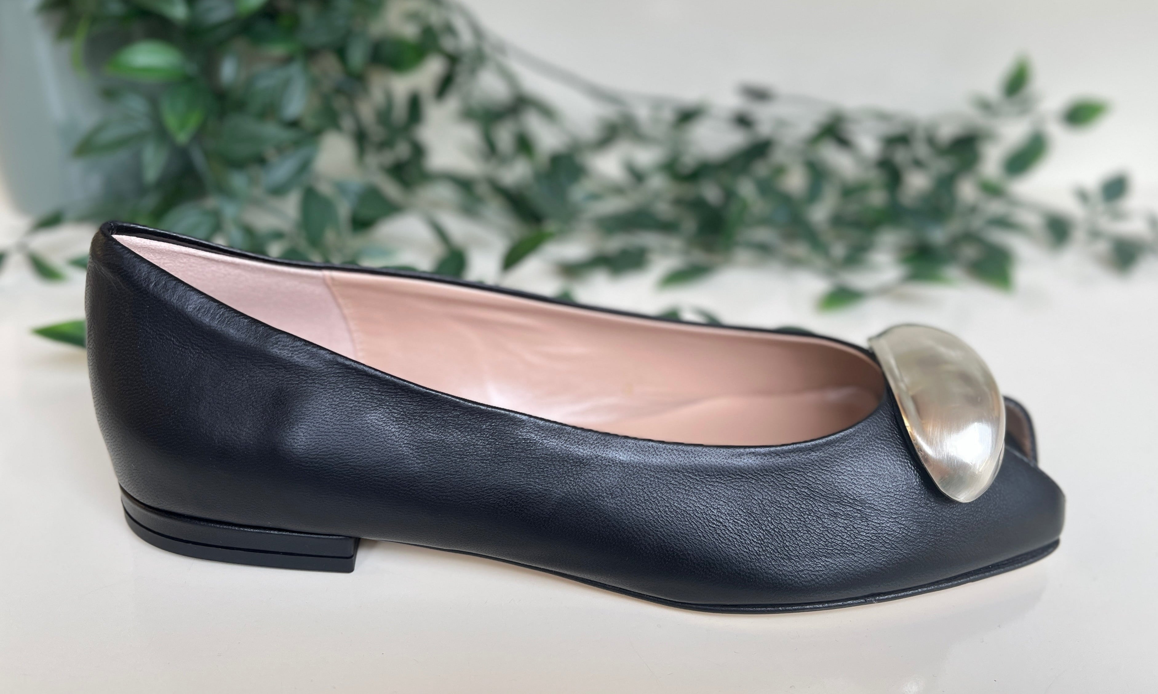 Fabucci Women's Black Leather Peep Toe Ballet Flats - Comfortable & Stylish Shoes for Work, Office, and Casual Outings