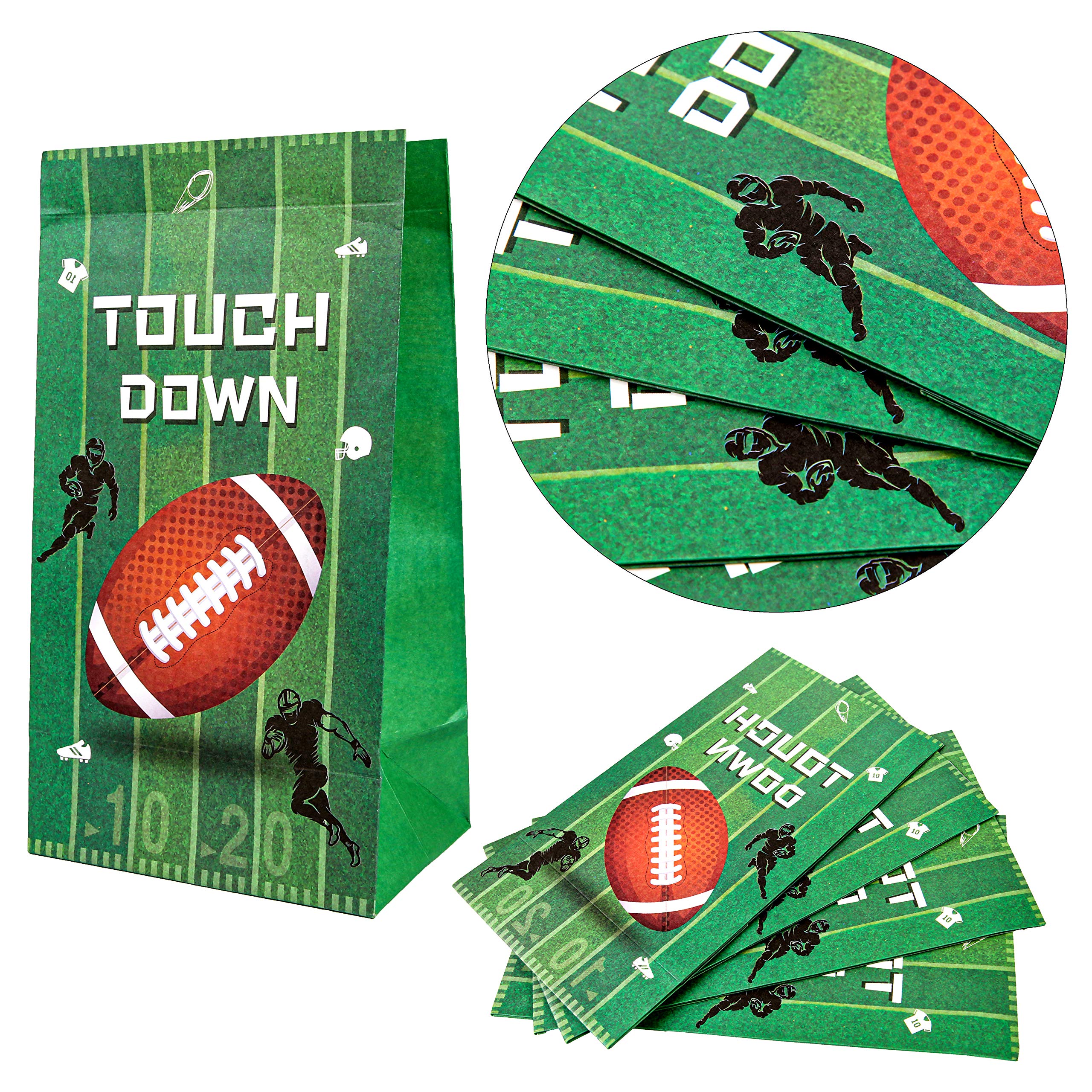 **PROLOSO 24 Pack Football Party Favor Bags with Stickers, Clips & Rope - Rugby Sports Treat Bags for Candy & Gifts - Football Theme Party Supplies for Kids, Birthday, Game Day & Tailgating**