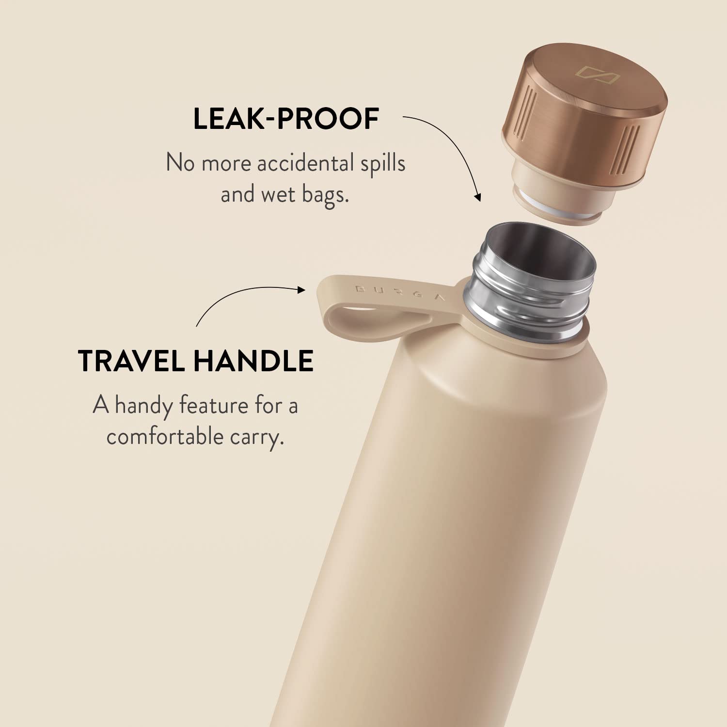 BURGA 17oz Insulated Stainless Steel Water Bottle - Keeps Drinks Hot or Cold for 24 Hours - Leakproof & Anti-Slip Design - Eco-Friendly Reusable Water Bottle for Gym, Hiking, Office & Travel (Nude)