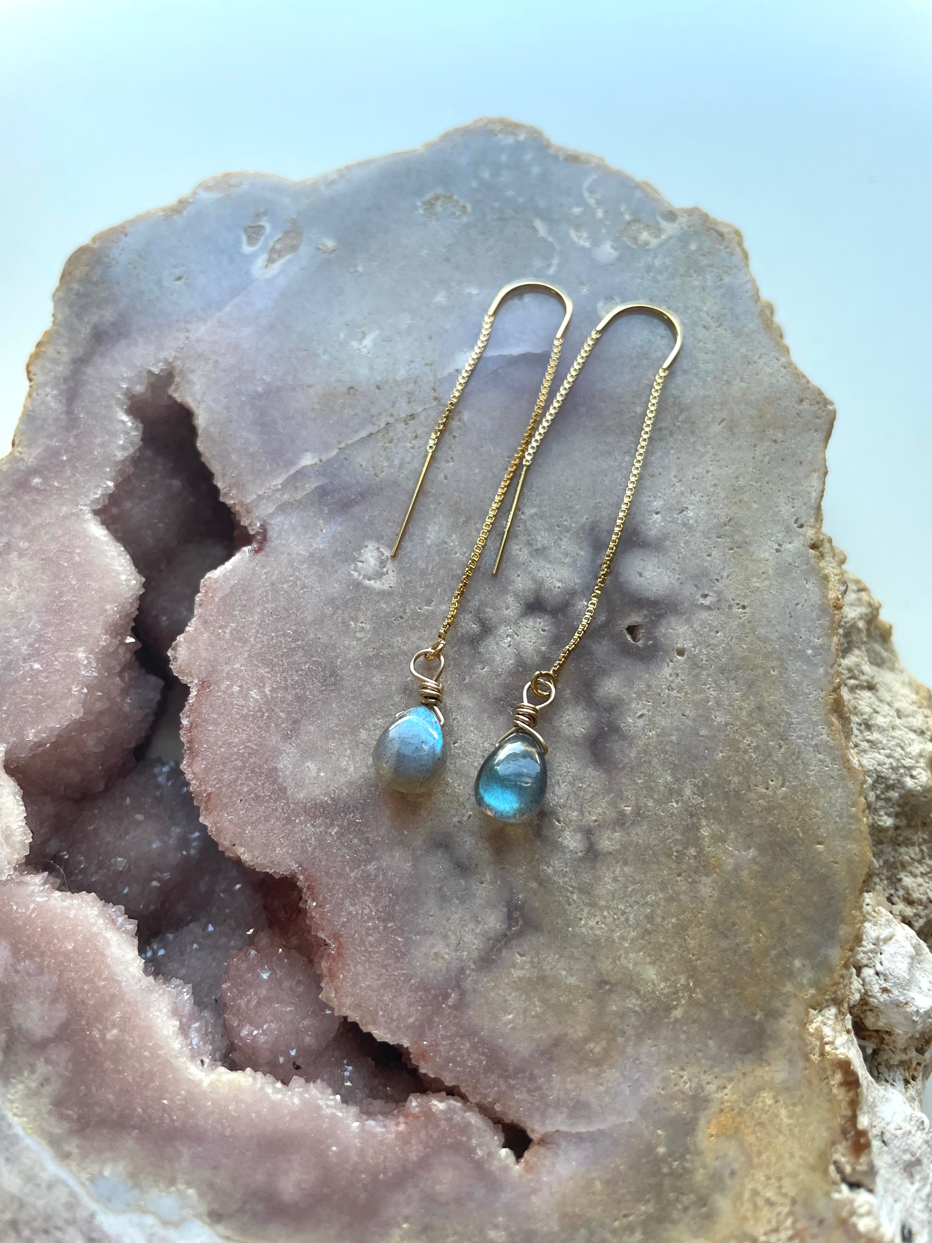 Tiny Labradorite Drop Threader Earrings - Dainty Gemstone Studs for Women | Perfect for Everyday Wear, Gifts & Boho Jewelry
