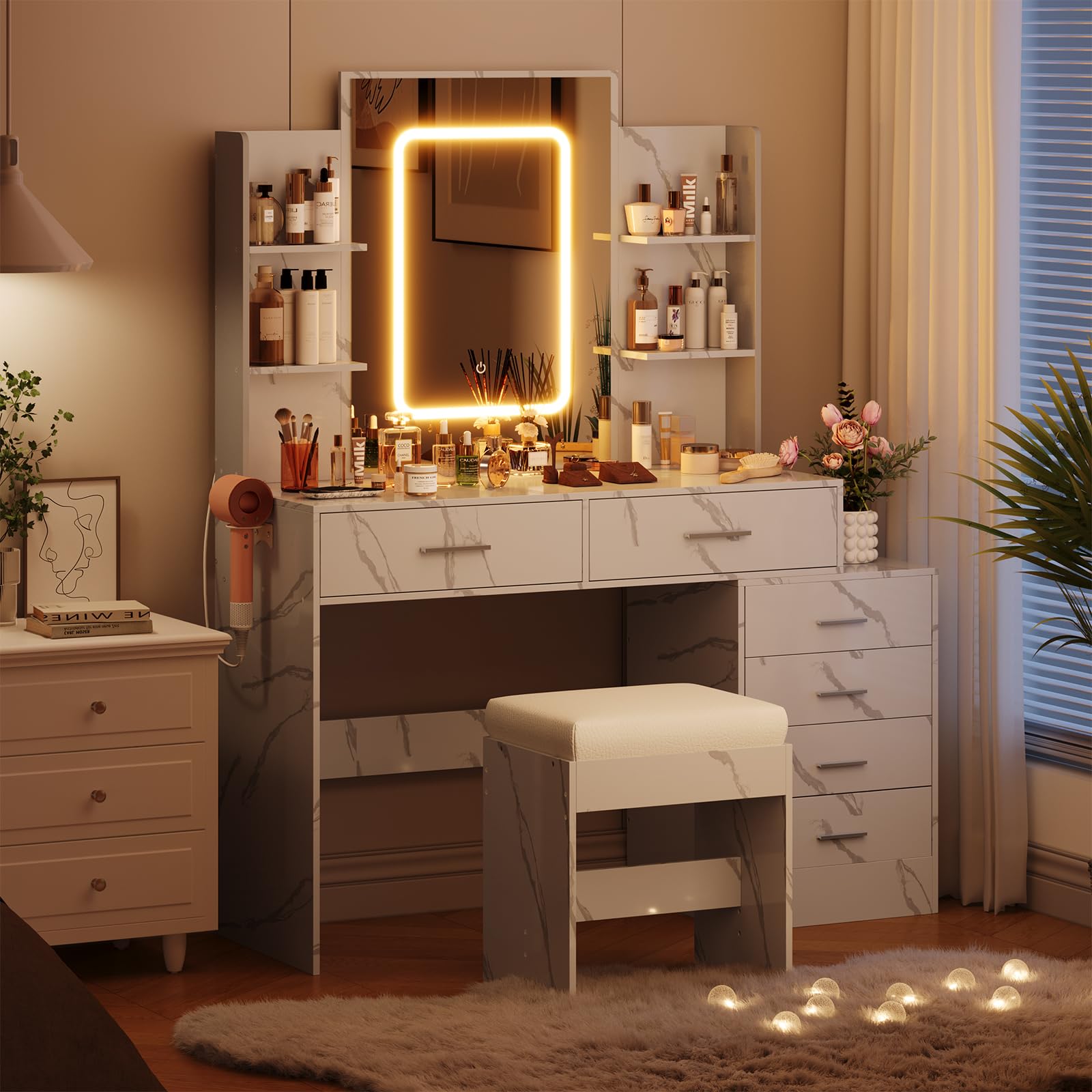 Vanity Desk with Mirror and LED Lights - Makeup Vanity Set with USB Charging Station, 6 Storage Drawers & Shelves, Includes Stool - Perfect for Bedroom, Dressing Room & Beauty Salon Makeup Application