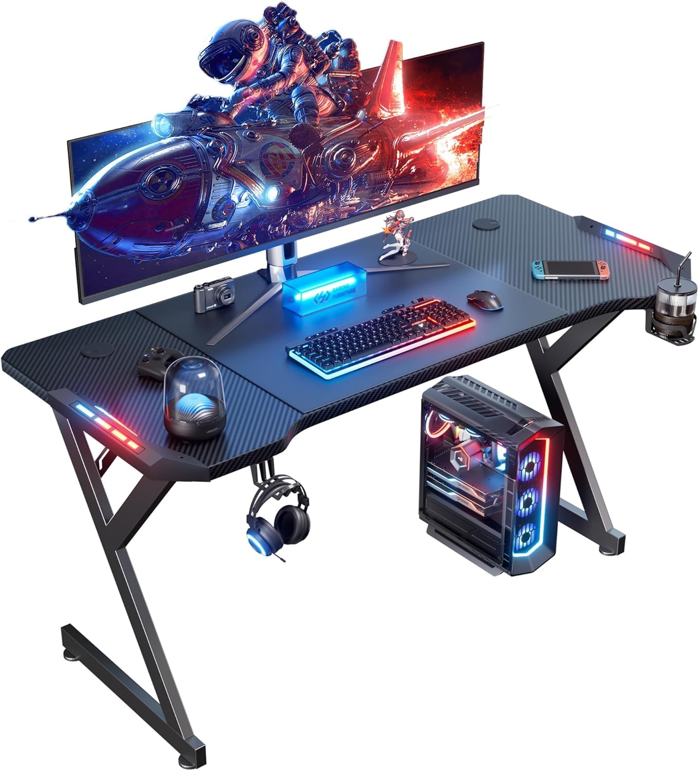HLDIRECT 55 Inch LED Gaming Desk with Carbon Fiber Surface - Ergonomic Computer Desk for PC Gaming & Home Office - Includes Headphone Hook & Cup Holder - Perfect for Esports, Streaming & Remote Work (Black)